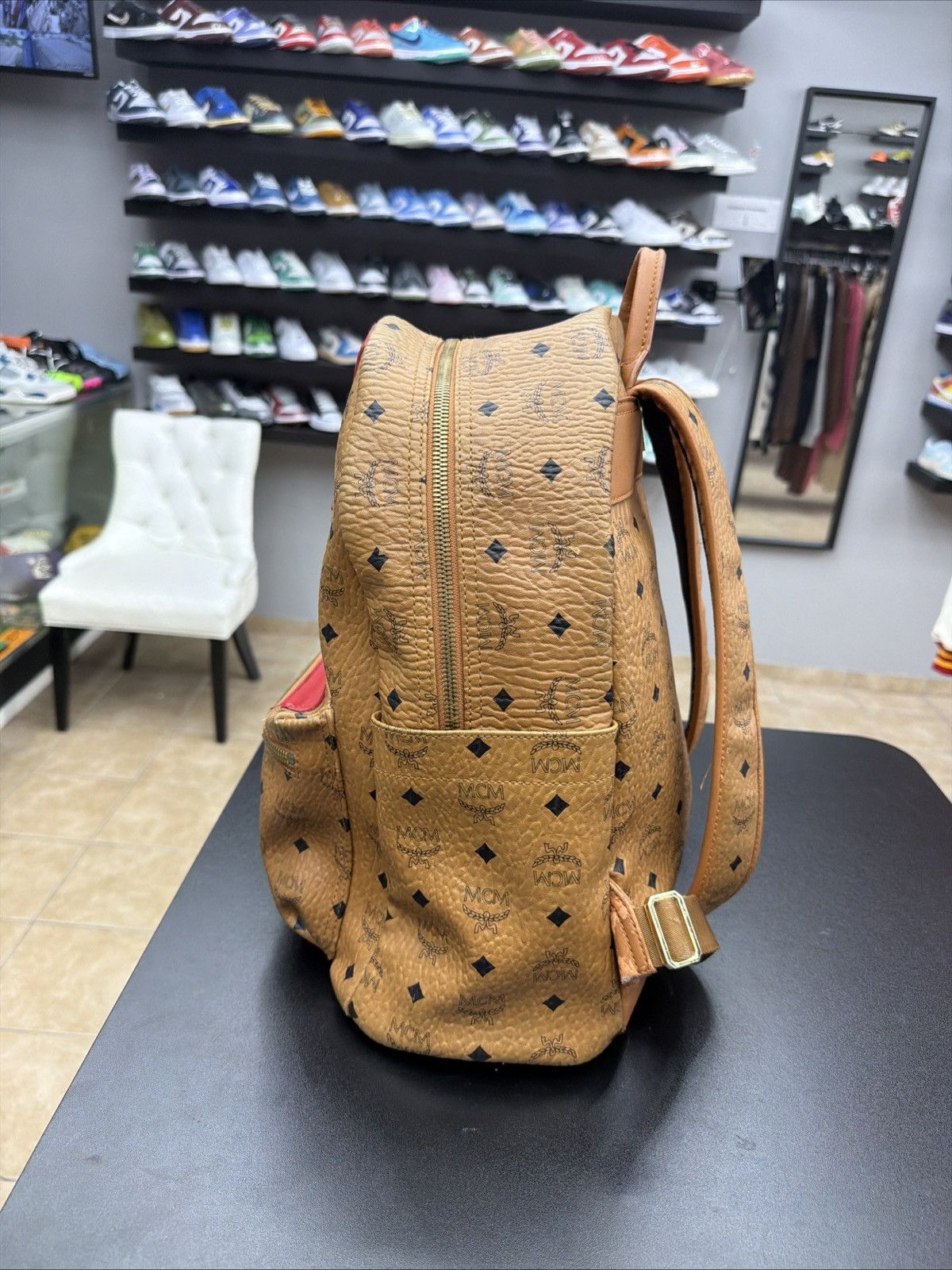 MCM MCM Visetos Medium Stark Logo Stripe Backpack Cognac Red Size ONE SIZE - 8 Thumbnail