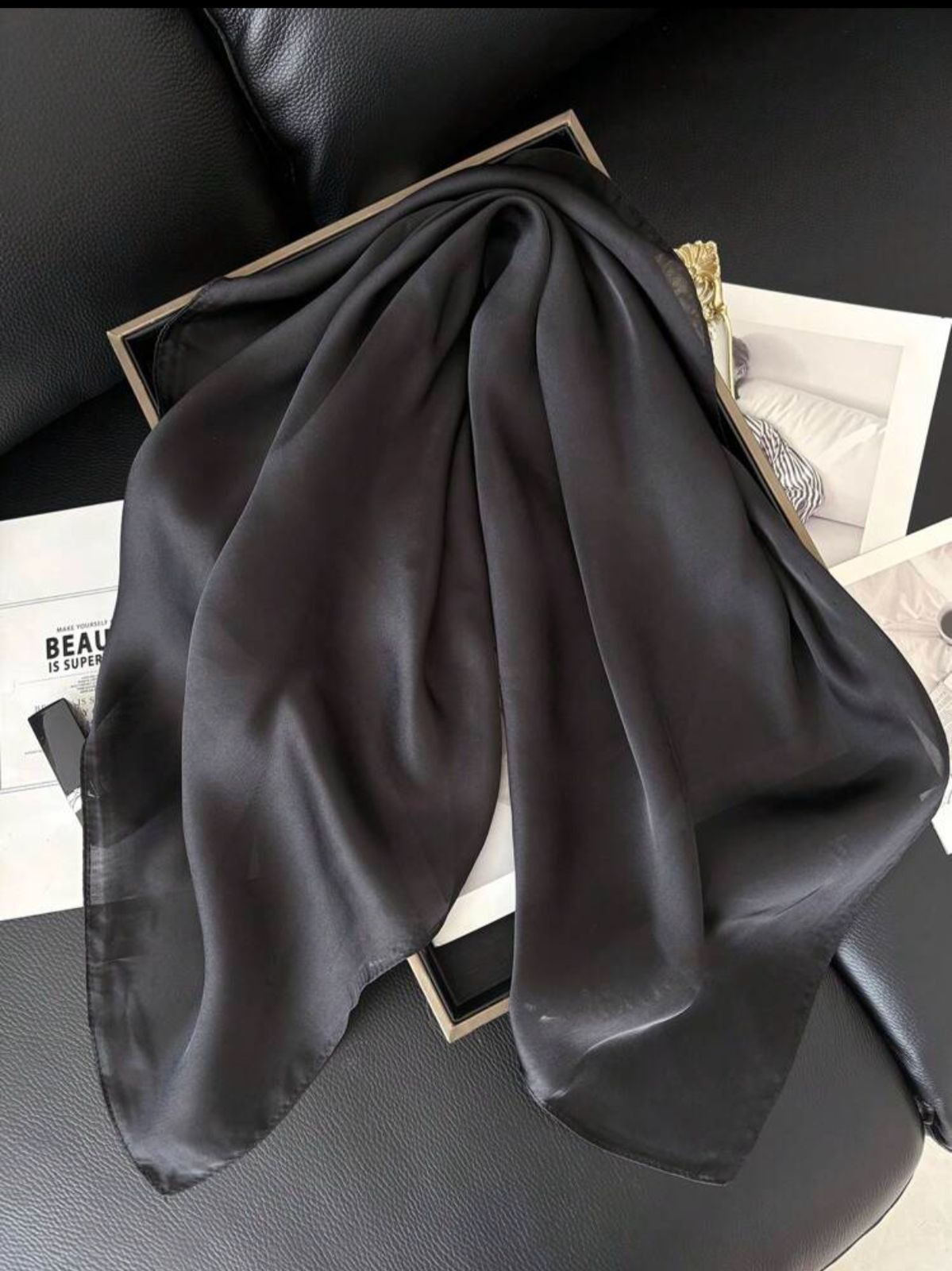 Other New Elegant Bandana Square Scarf CLassic BLACK solid Wrap Si Size ONE SIZE - 2 Thumbnail