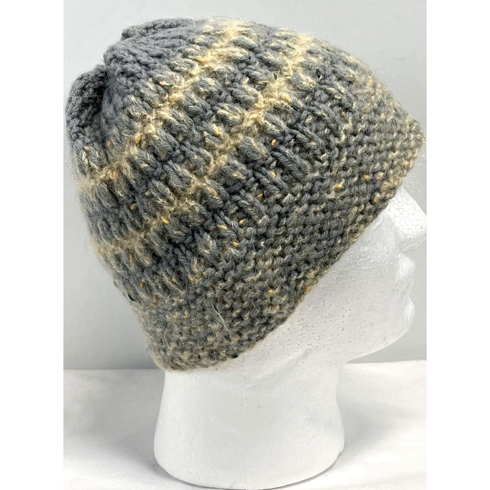 Vintage Handmade Knit Beanie Stocking Hat Gray Yellow GUC Size ONE SIZE - 4 Thumbnail