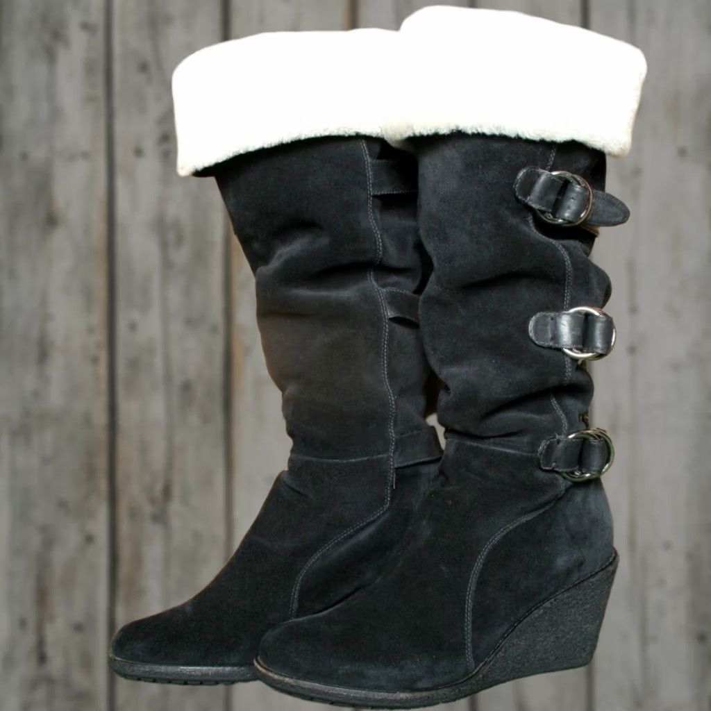 Cole Haan COLE HAAN 'Michelle' Black Suede Shearling Foldover Cuffed Knee High Boots 9.5 B Womens Shoes Wool Waterproof Knee High Heel Wedge 3-3.9 in Size US 10 / IT 40 - 1 Thumbnail