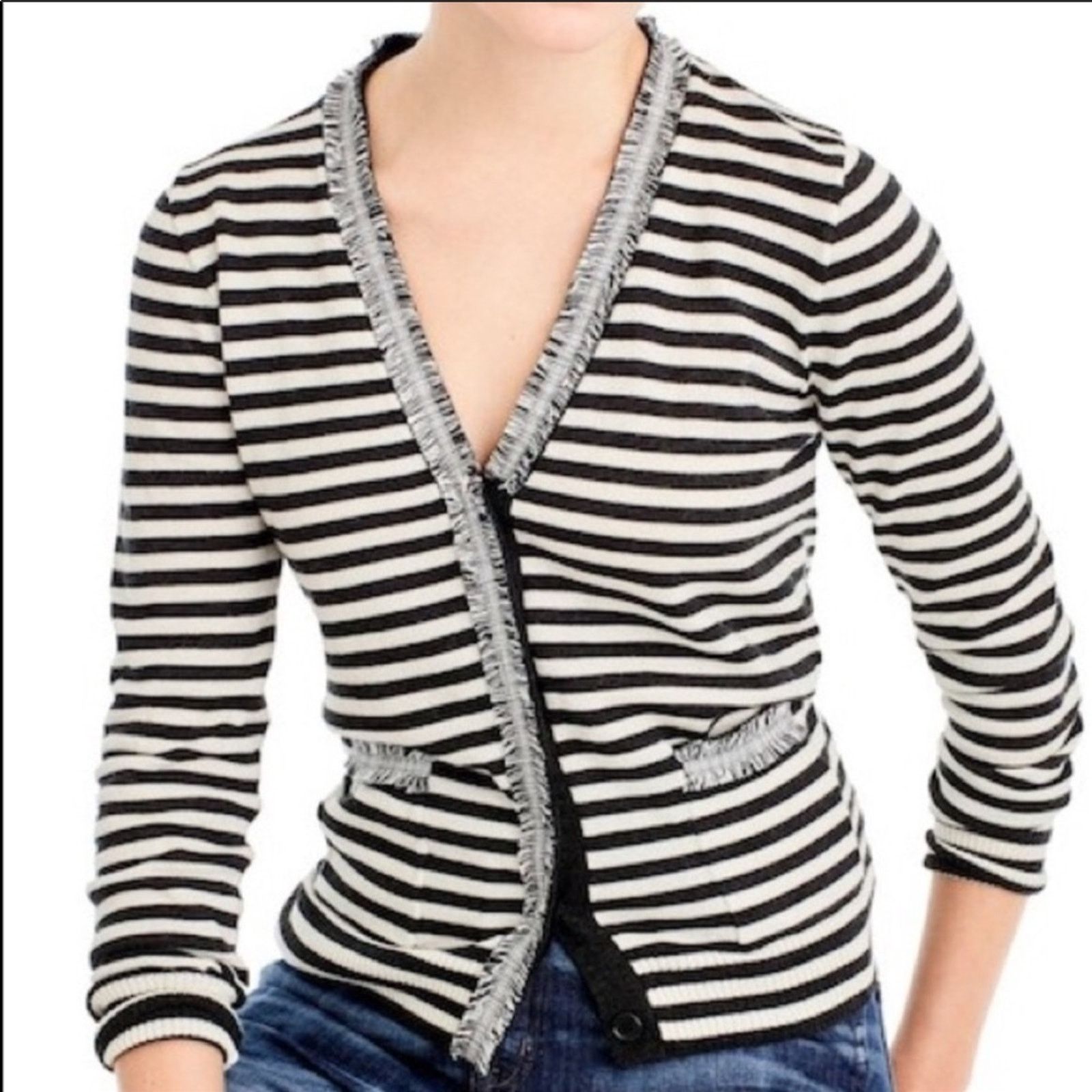 J. CREW Black White Striped Cardigan Sweater Button Tweed