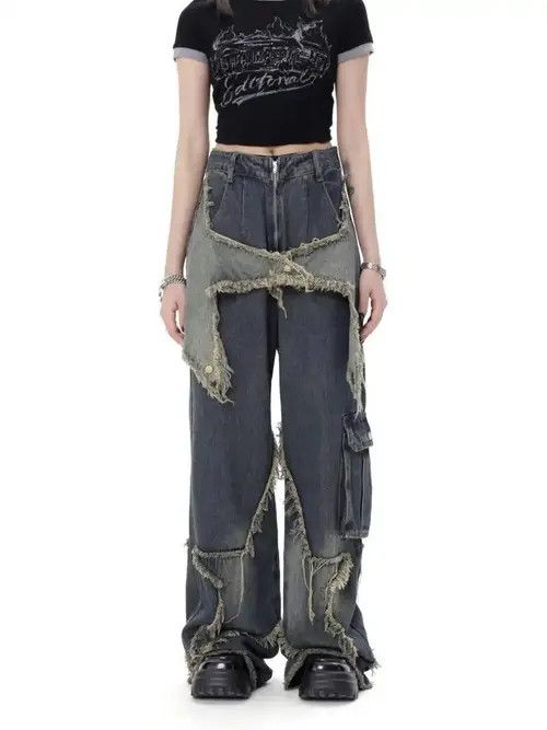 Star Stitching Tassel Jeans Pants Women