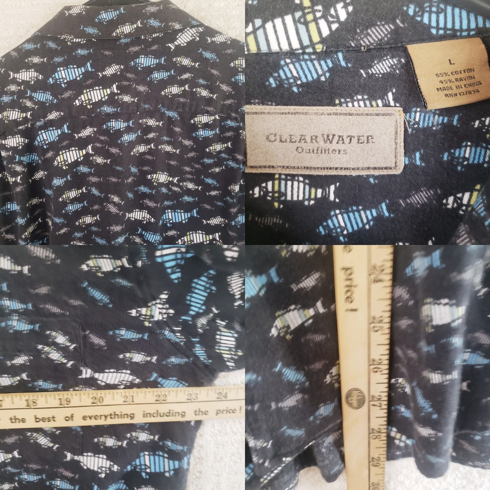 Vintage Clearwater Outfitters Men's L Black Blue Fish Pattern Short Sleeve Button Down Shirt Outdoor Hawaiian Casual Size US 33 - 9 Thumbnail