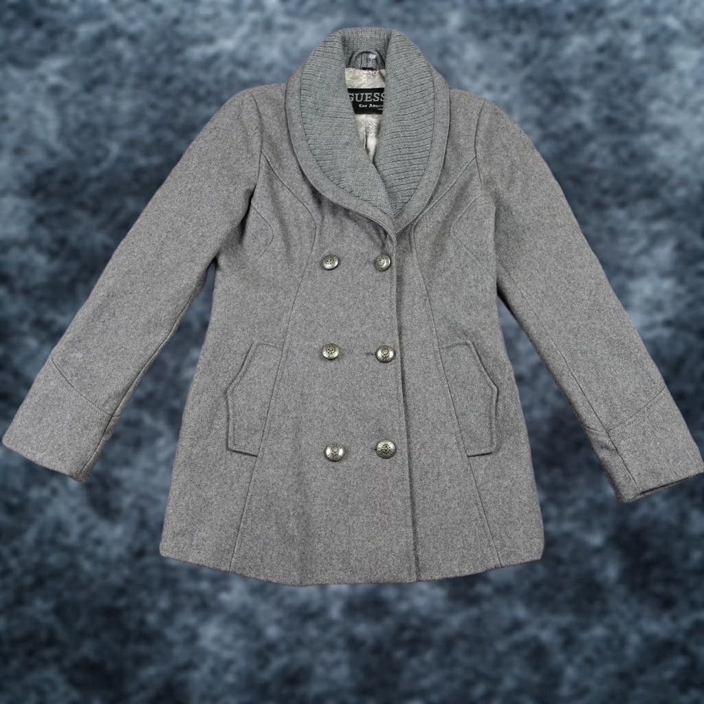 Guess VINTAGE Guess Coat Womens M Gray Wool Shawl Collar Double Breasted Peacoat Size M / US 6-8 / IT 42-44 - 1 Thumbnail