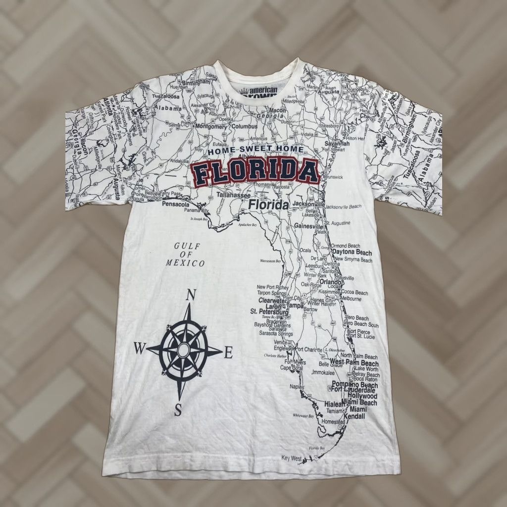 Vintage American Crown Florida Map Print T Shirt Mens M White Casual Travel Size US M / EU 48-50 / 2 - 1 Thumbnail