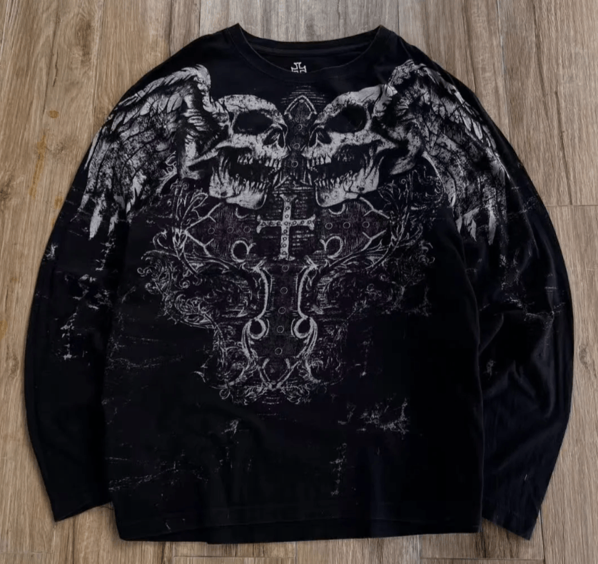 Japanese Brand Y2K New Vintage Gothic Skull Wing Printed Long Sleeve Size US L / EU 52-54 / 3 - 2 Thumbnail