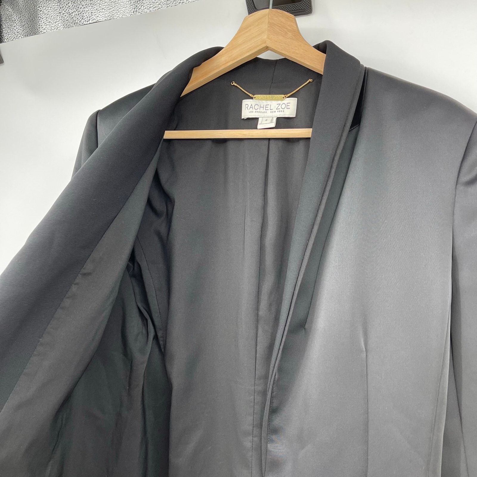Rachel Zoe Rachel Zoe | Roarke Belted Grosgrain Trim Black Satin Blazer Size M / US 6-8 / IT 42-44 - 8 Thumbnail