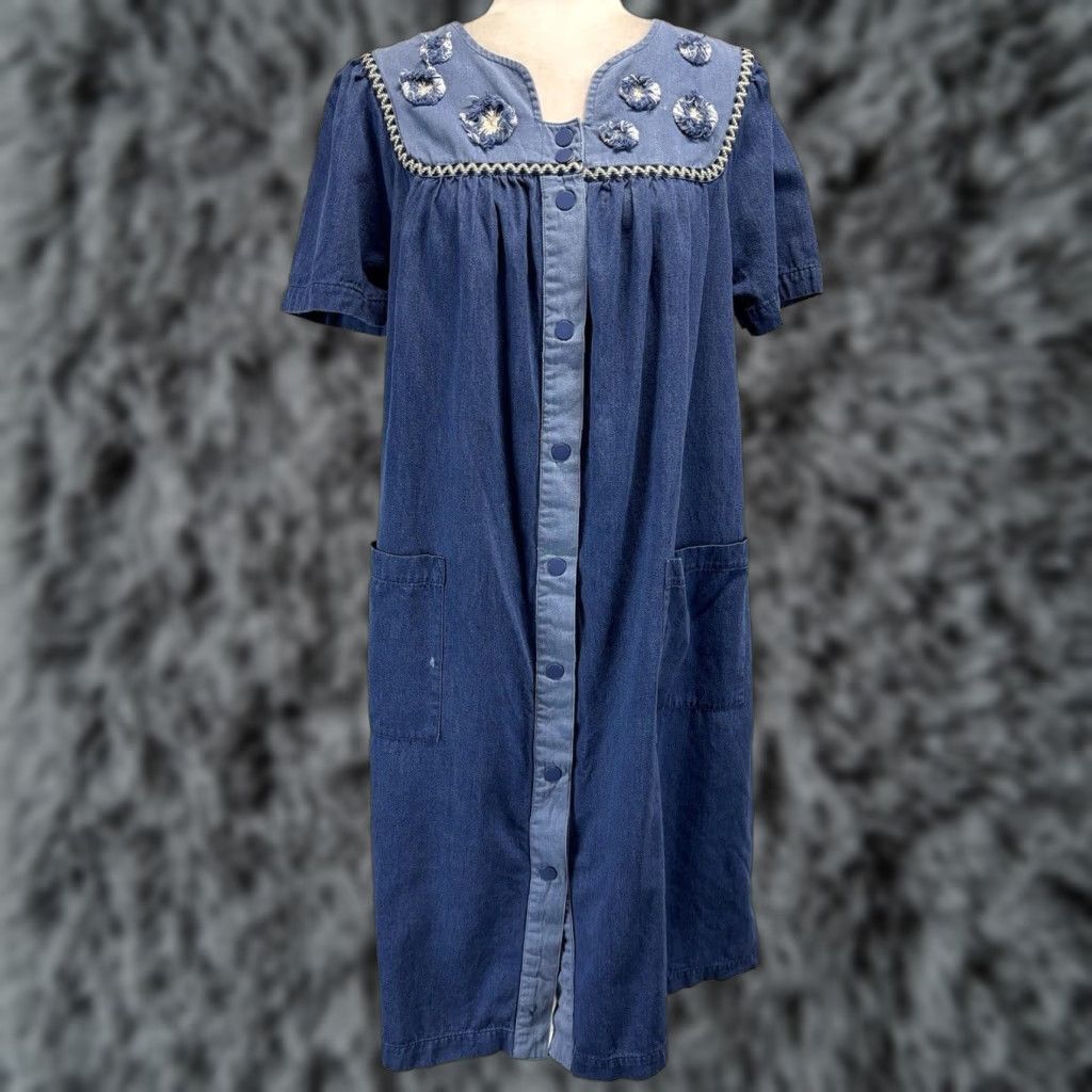 Vintage Go Softly Patio Chambray Cotton Patchwork Midi Dress with Pockets Women's Small Blue Casual Kaftan Size S / US 4 / IT 40 - 1 Thumbnail