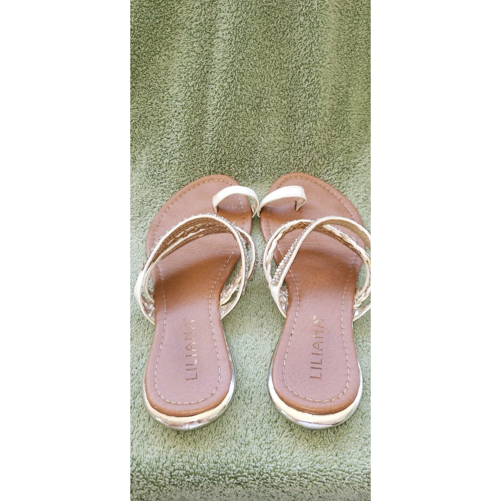 Vintage Liliana Toe Sling Sandal Slide In White Leather 2 Rhinestone Bands Gold Band 100% Leather Size 10M Women Shoes Size US 8 / IT 38 - 4 Thumbnail