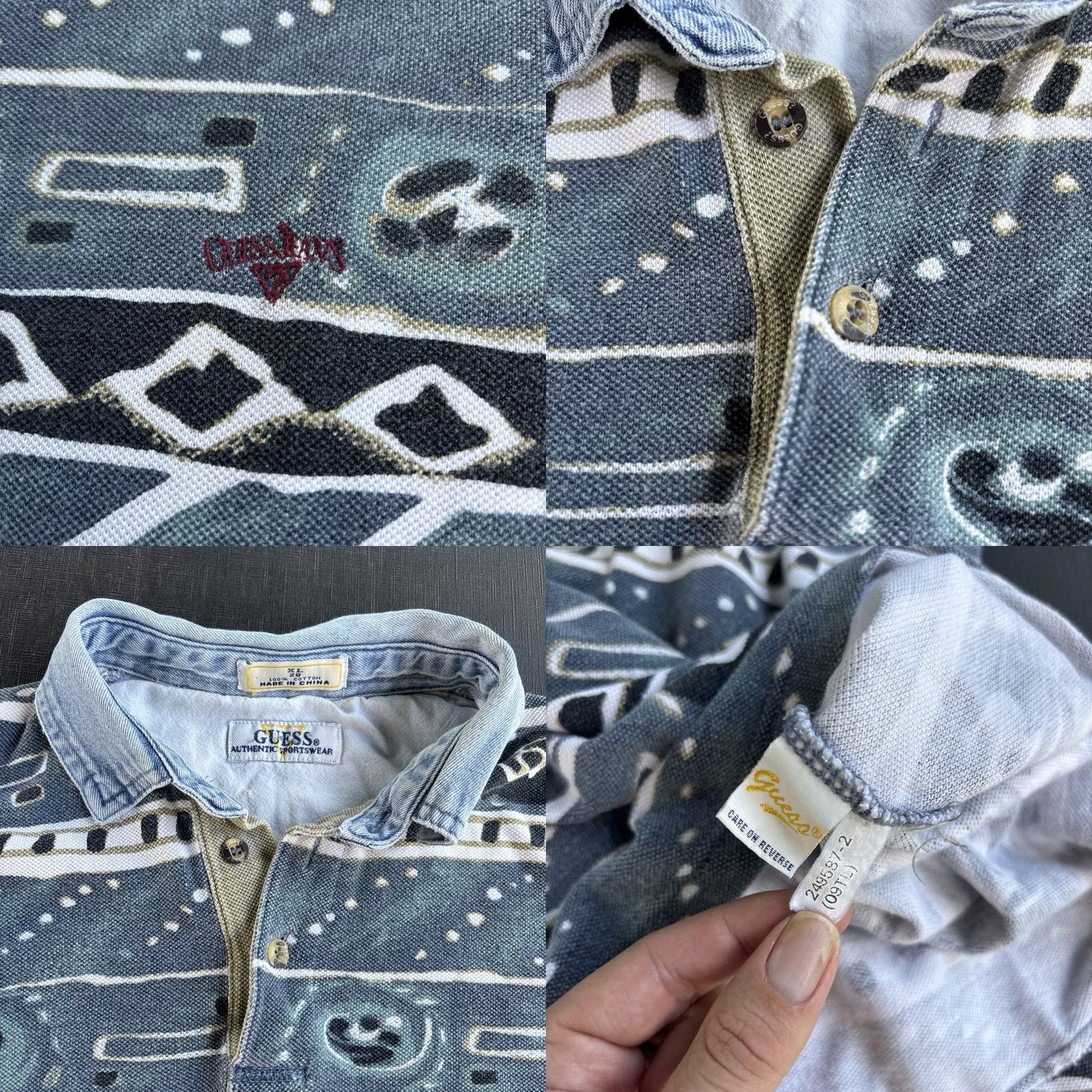 Guess VINTAGE GUESS Polo Shirt Denim Collar Geometric Short Sleeve 90s AOP M/L Mens Size US M / EU 48-50 / 2 - 8 Thumbnail
