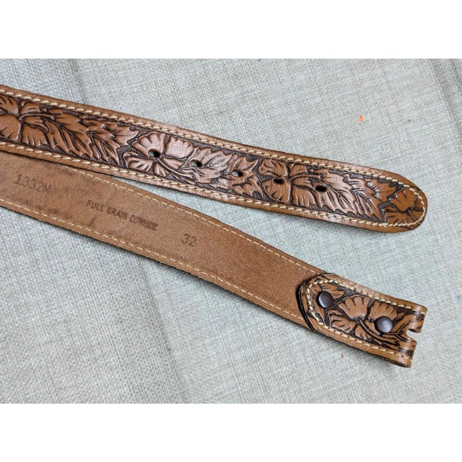Vintage VINTAGE westERn belt tooled cowhide brown 32 belt Mens Western Belt Rodeo Buckle Straps 1-1/2" Size 32 - 4 Thumbnail
