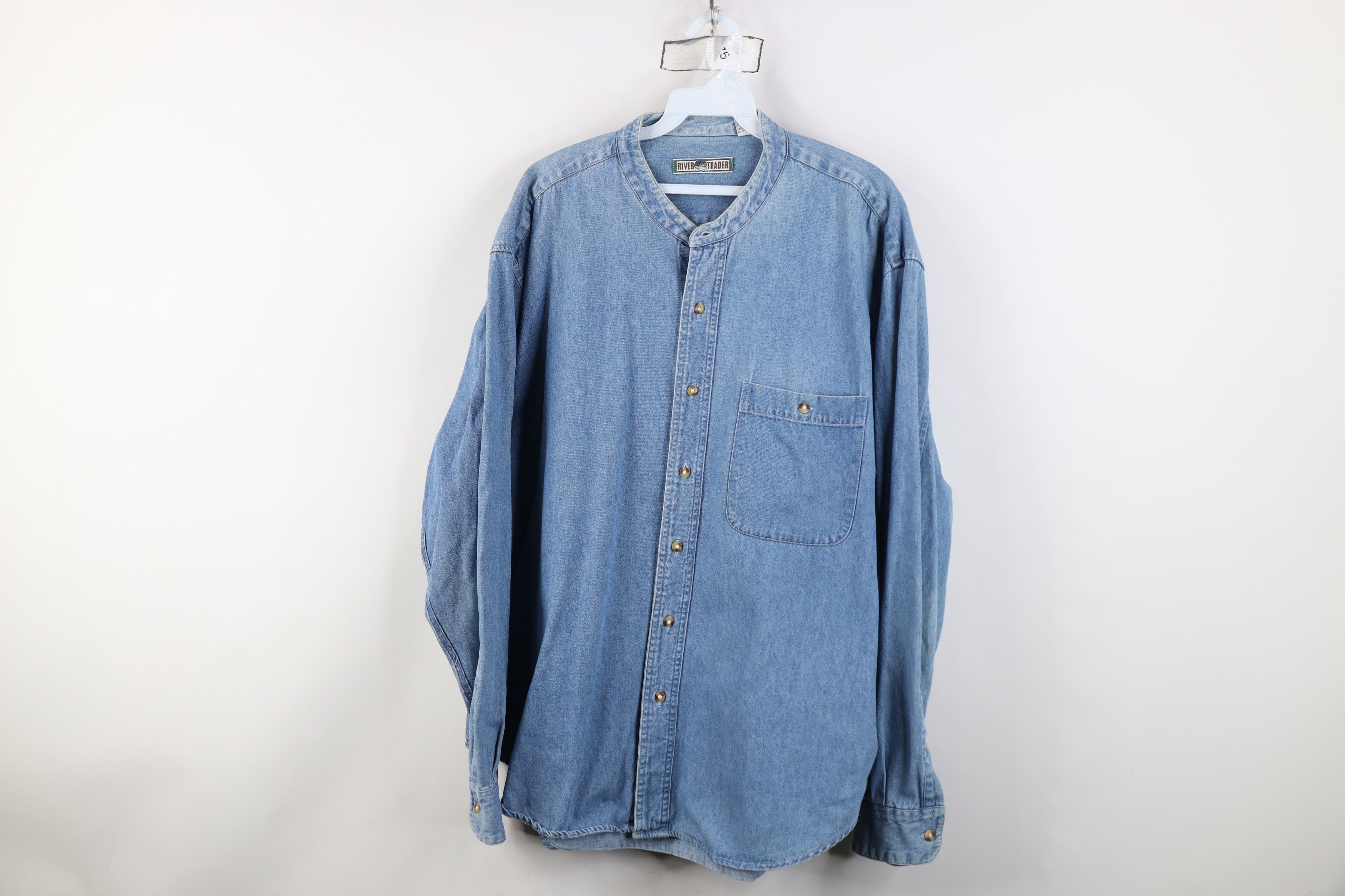 Vintage Vintage 90s Streetwear Band Collar Denim Jean Button Shirt Size US XXL / EU 58 / 5 - 1 Thumbnail