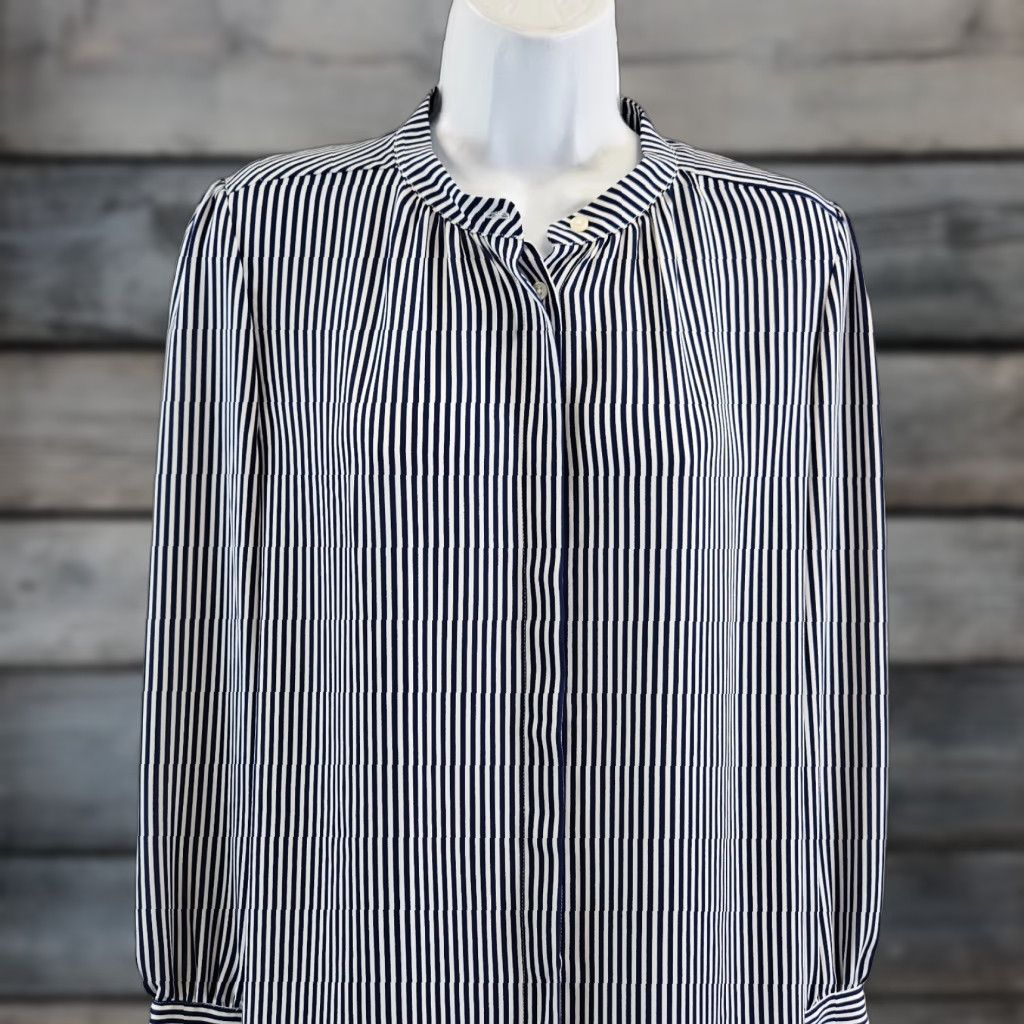 Loft VINTAGE LOFT Ann Taylor Button Front Top Shirt Womens Small Blue White Stripe Long Sleeve Size S / US 4 / IT 40 - 1 Thumbnail