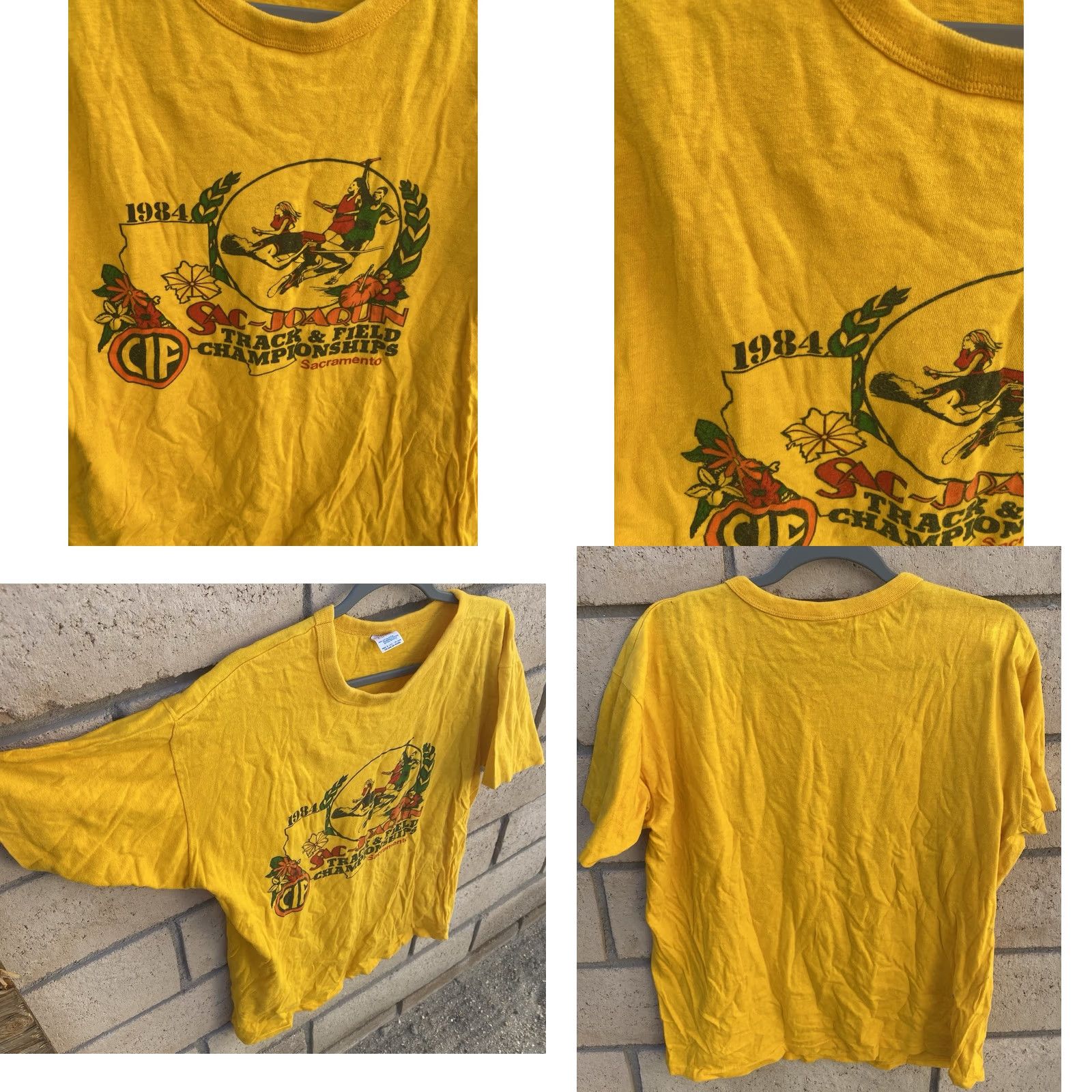Champion VINTAGE Champion Sacramento T-Shirt XL School Sports 1984 CA 80s California Track & Field Championships Shirt Mens Yellow Size US XL / EU 56 / 4 - 10 Thumbnail