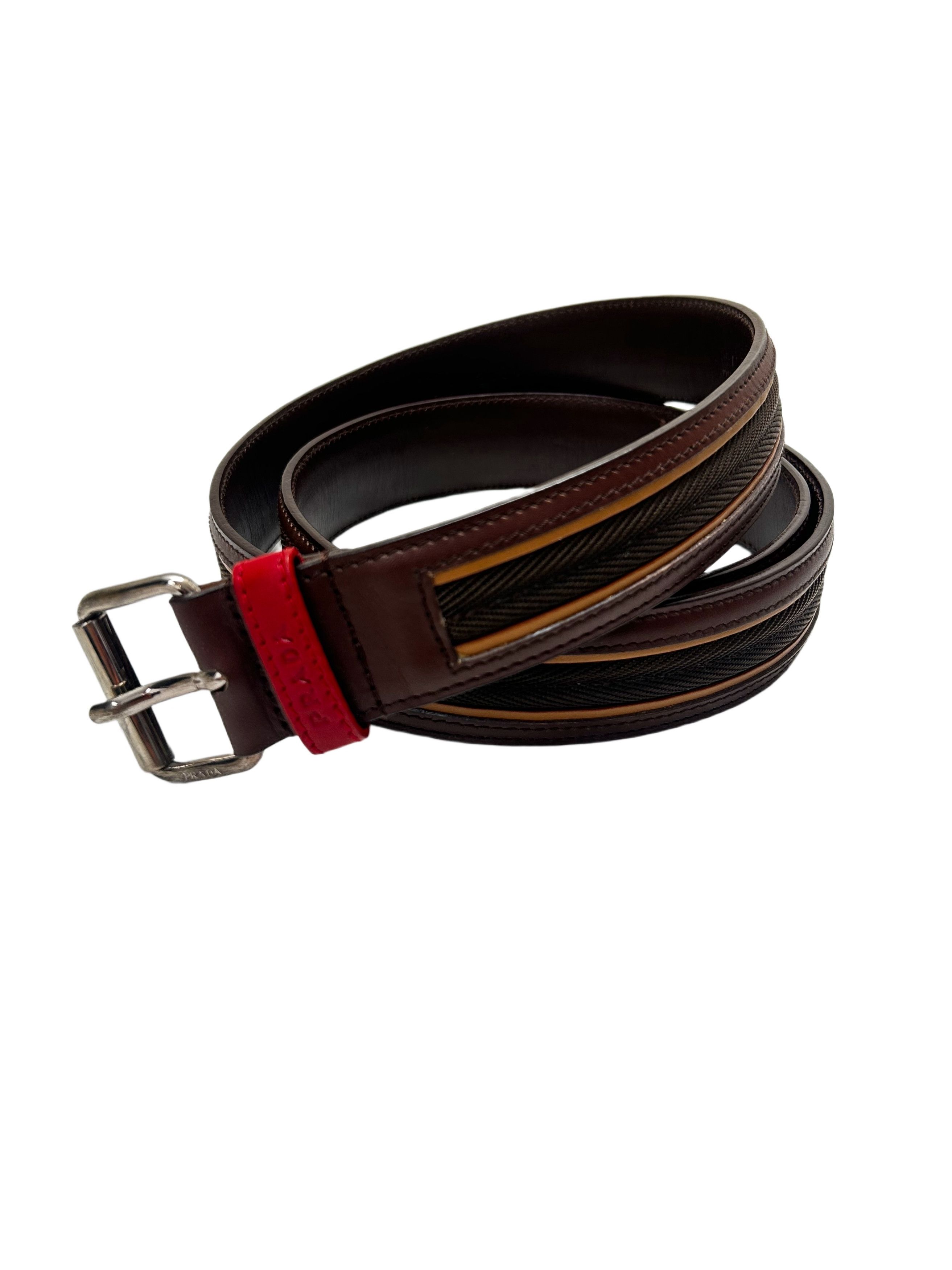 Prada Prada LineaRossaBrownGrainLeatherNotchBuckleBelt With Fabric Size 38 - 2 Thumbnail