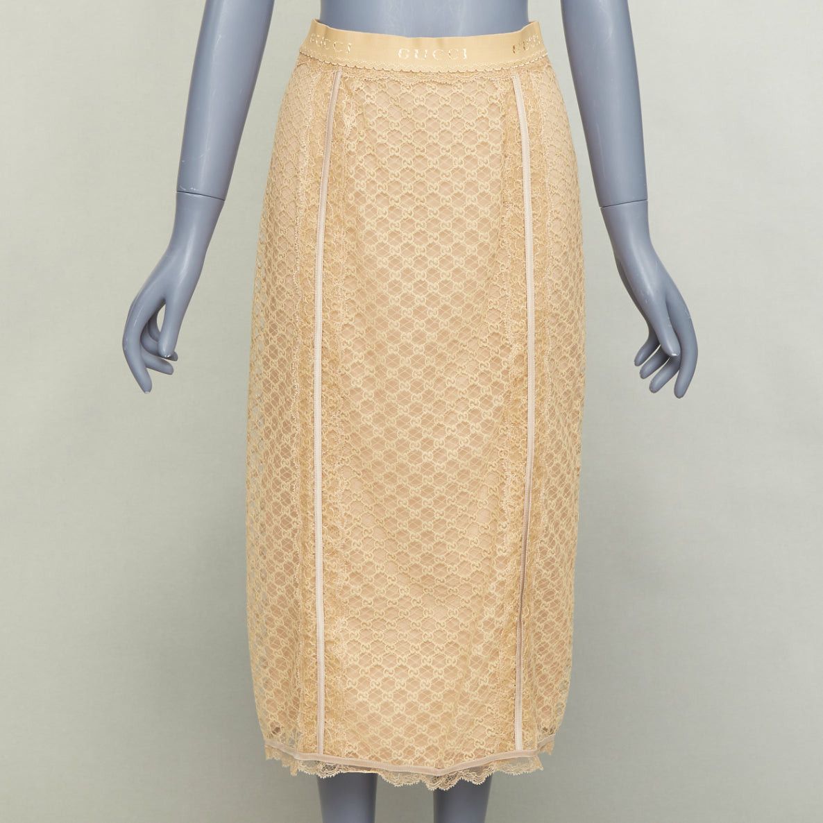 Gucci GUCCI 2022 Runway Aria beige nude GG mesh lace lingerie midi skirt S Size 27" / US 4 / IT 40 - 1 Thumbnail