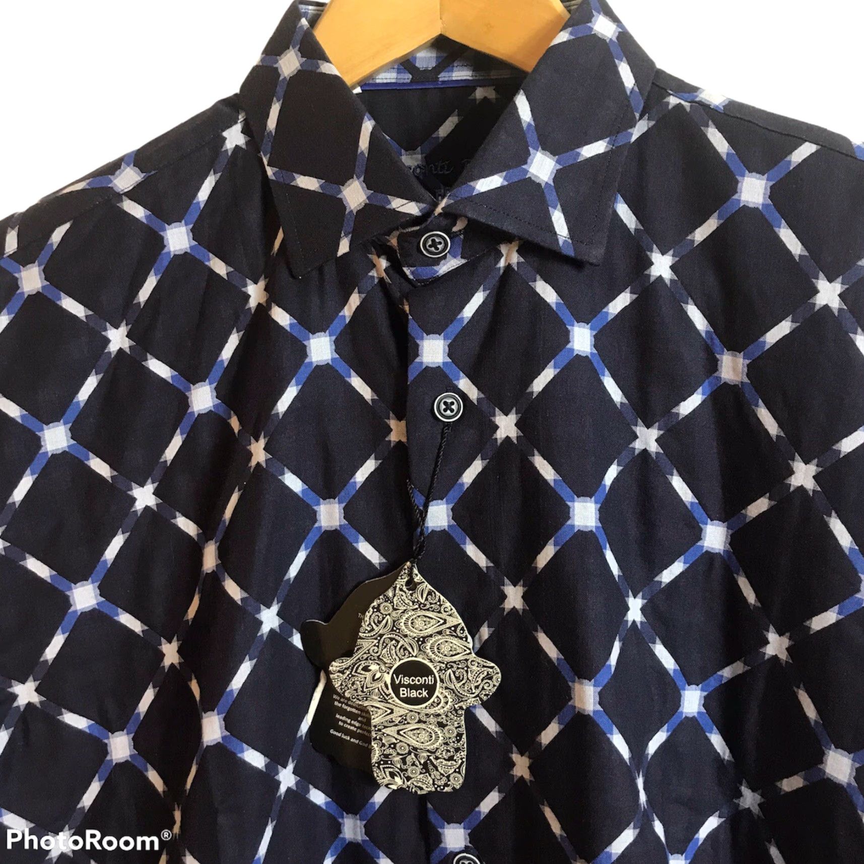 Luchiano Visconti VISCONTI BLACK Shirt Mens Medium Navy Blue Diamond Print Cotton #39105 Size US M / EU 48-50 / 2 - 3 Thumbnail