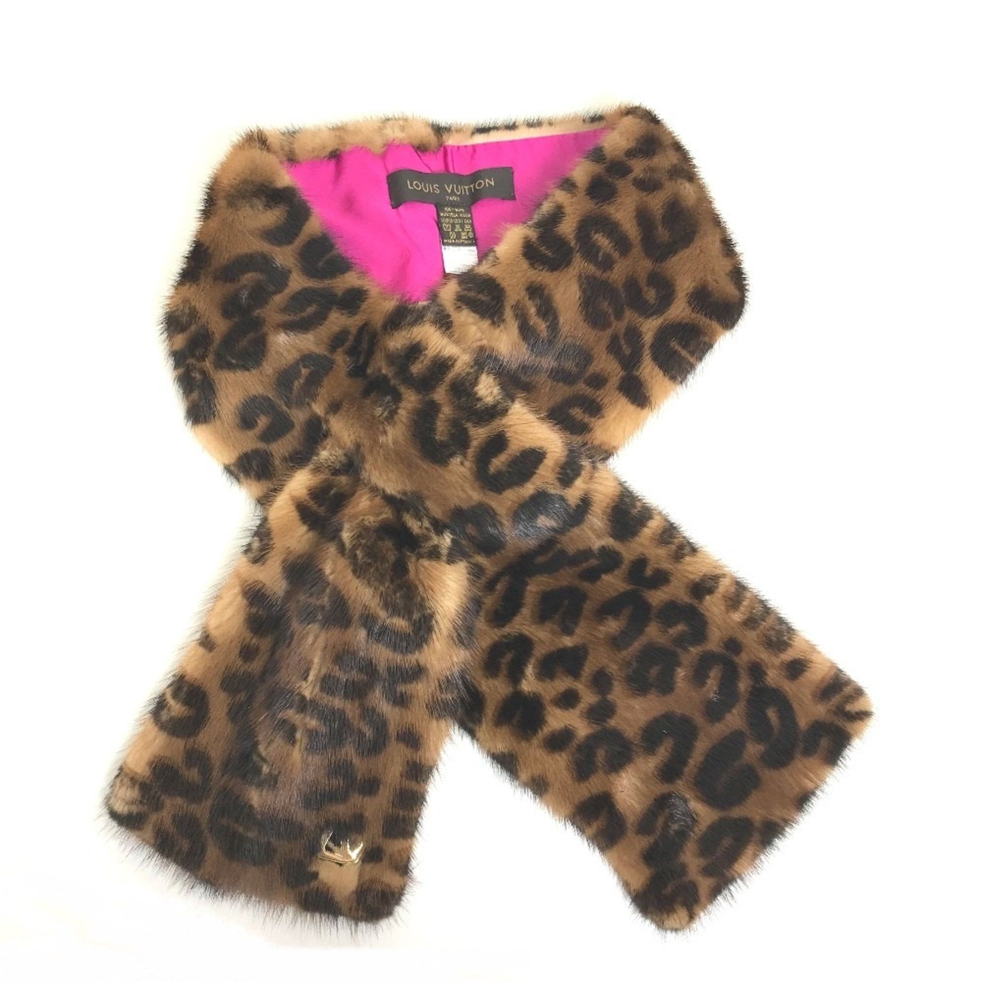LOUIS VUITTON M72245 Leopard Print Echarpe Vison Fur Tippet Scarf Fur/Silk Women's Brown/Pink