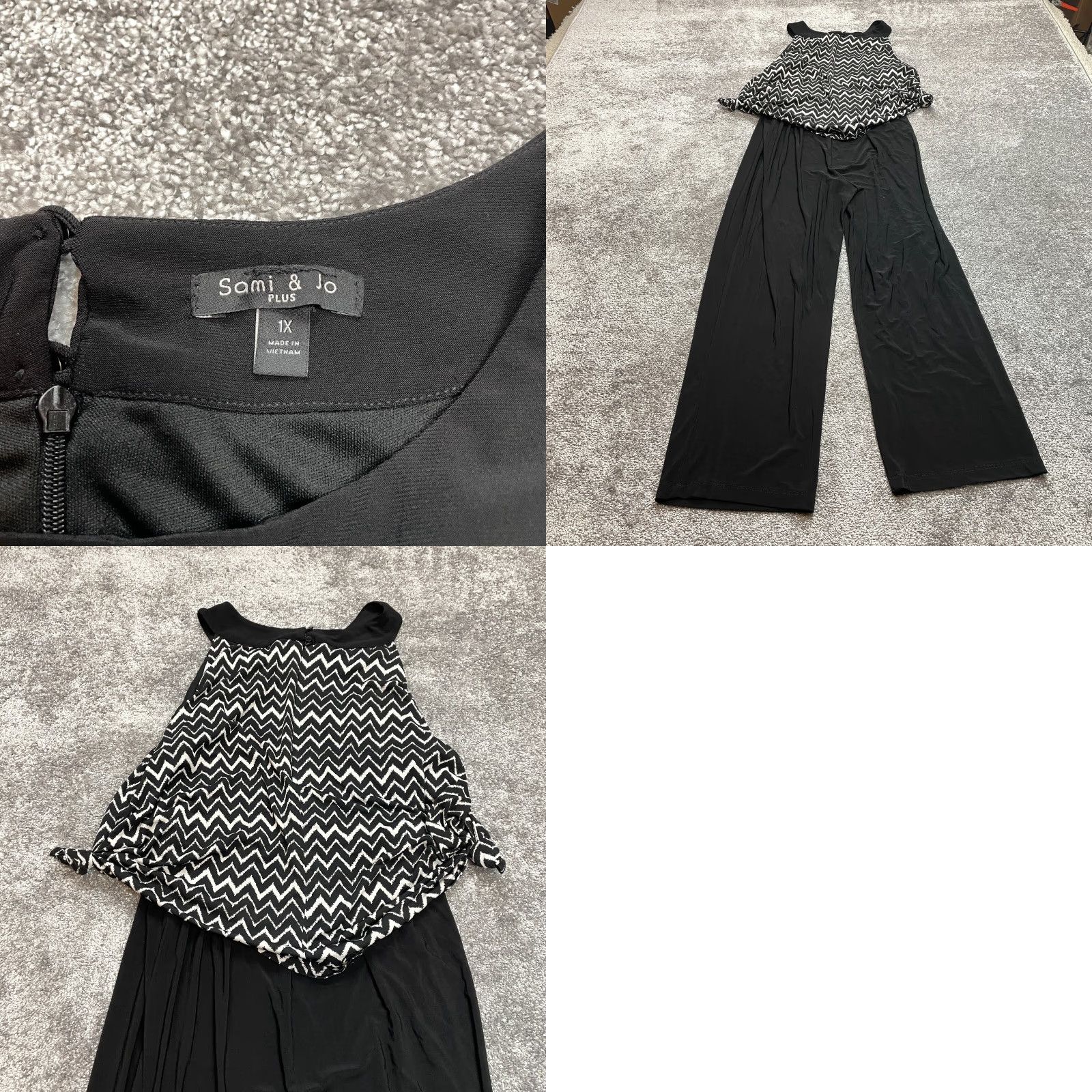 Sami & Jo Jumpsuit Womens Plus 1X Black Zig Zag Sleeveless Wide Leg Stretch Geometric Pattern\