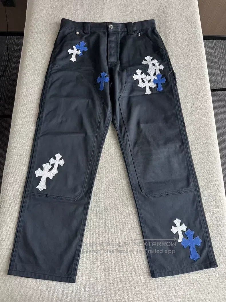 Chrome Hearts CHROME HEARTS 32 Blue and white cross leather knee overalls Size US 32 / EU 48 - 1 Thumbnail