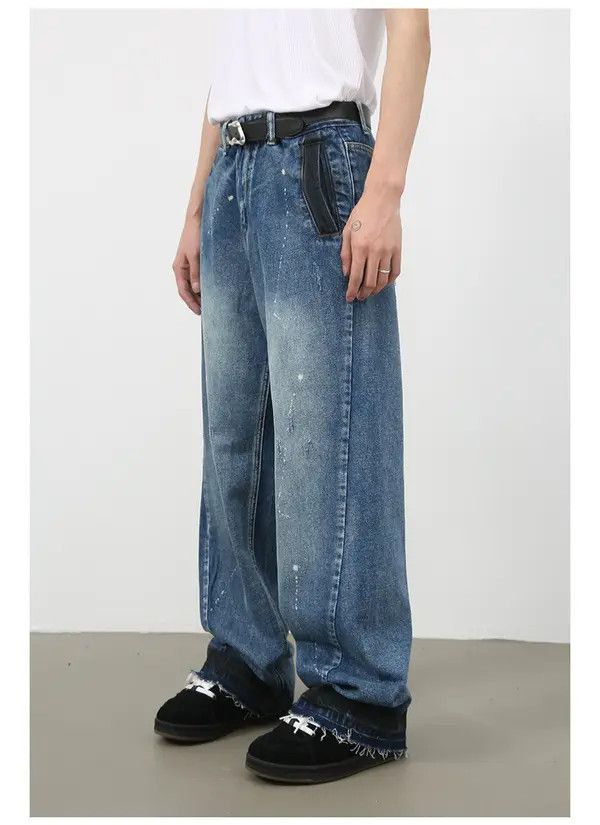 VIBE Men's American street loose raw edge washed wide leg jeans Size US 32 / EU 48 - 5 Thumbnail