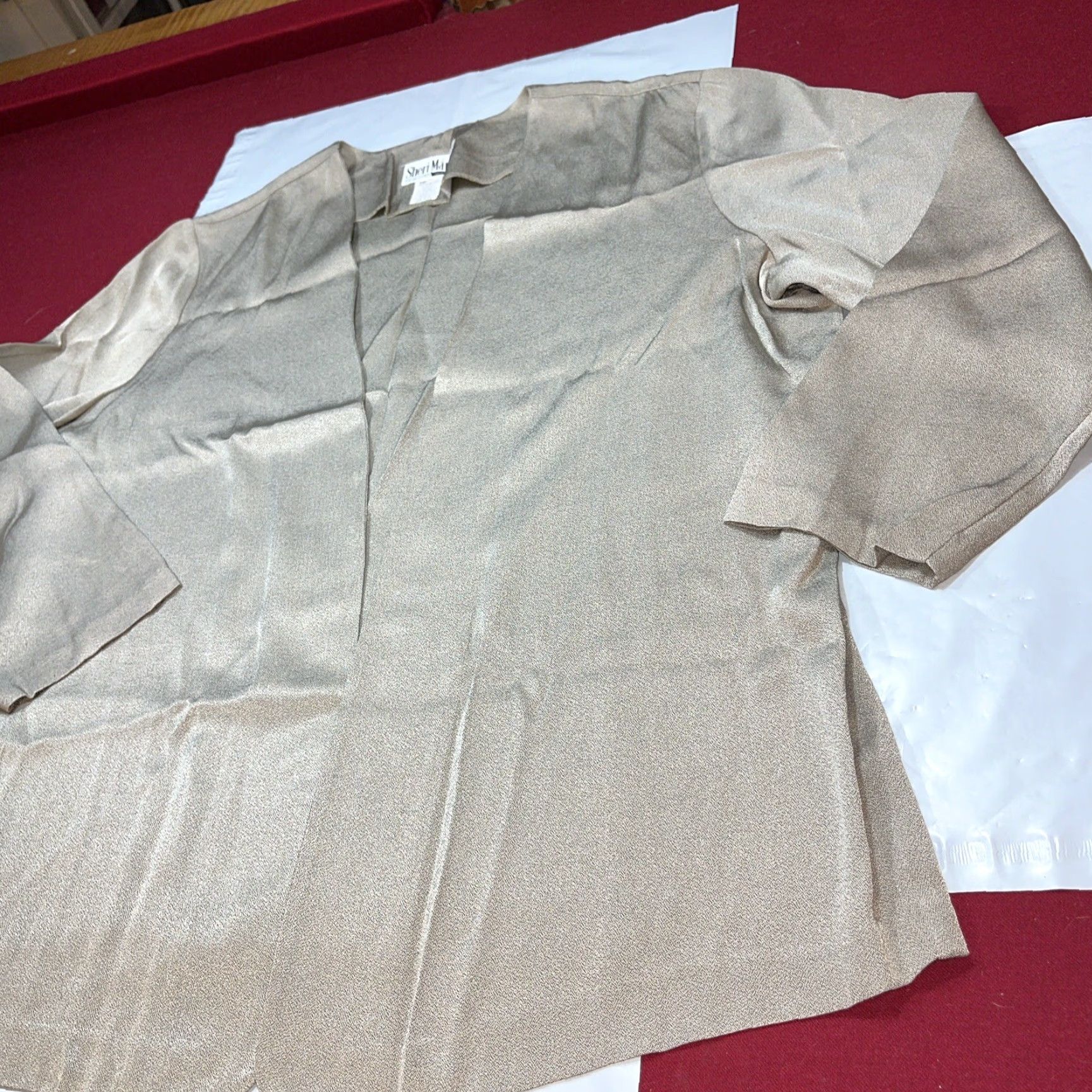 Vintage VINTAGE Sheri Martin METALLIC Blazer Womens 3XL Open Front Flowy Cardigan Jacket Neutral Beige Metallic Shiny Satin Relaxed 52 Chest Womens 3XL Blazer Size XXL / US 16-18 / IT 52-54 - 5 Thumbnail