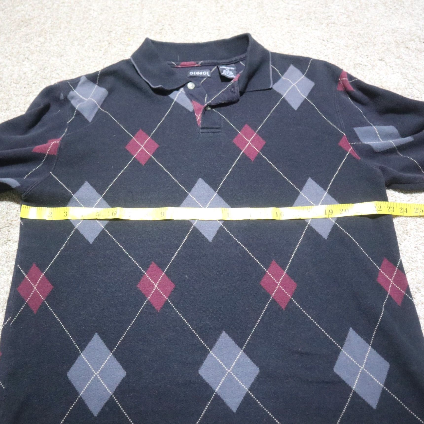 George George Polo Sweater Mens L Black Cotton Knit Long Sleeve V-Neck Pullover Argyle Striped Classic American Style Size US L / EU 52-54 / 3 - 4 Thumbnail