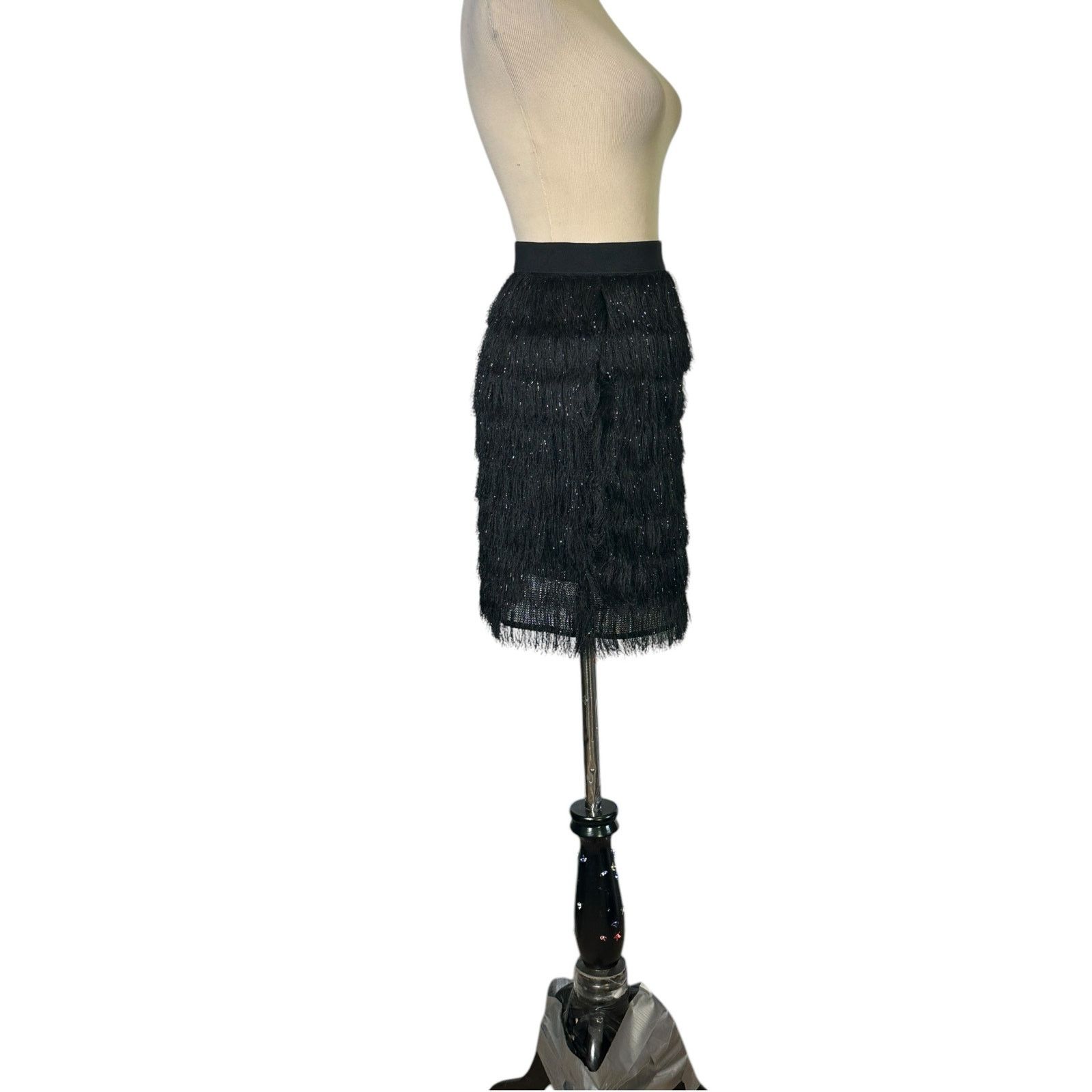 BCBGMaxAzria black metallic fringe skirt size large