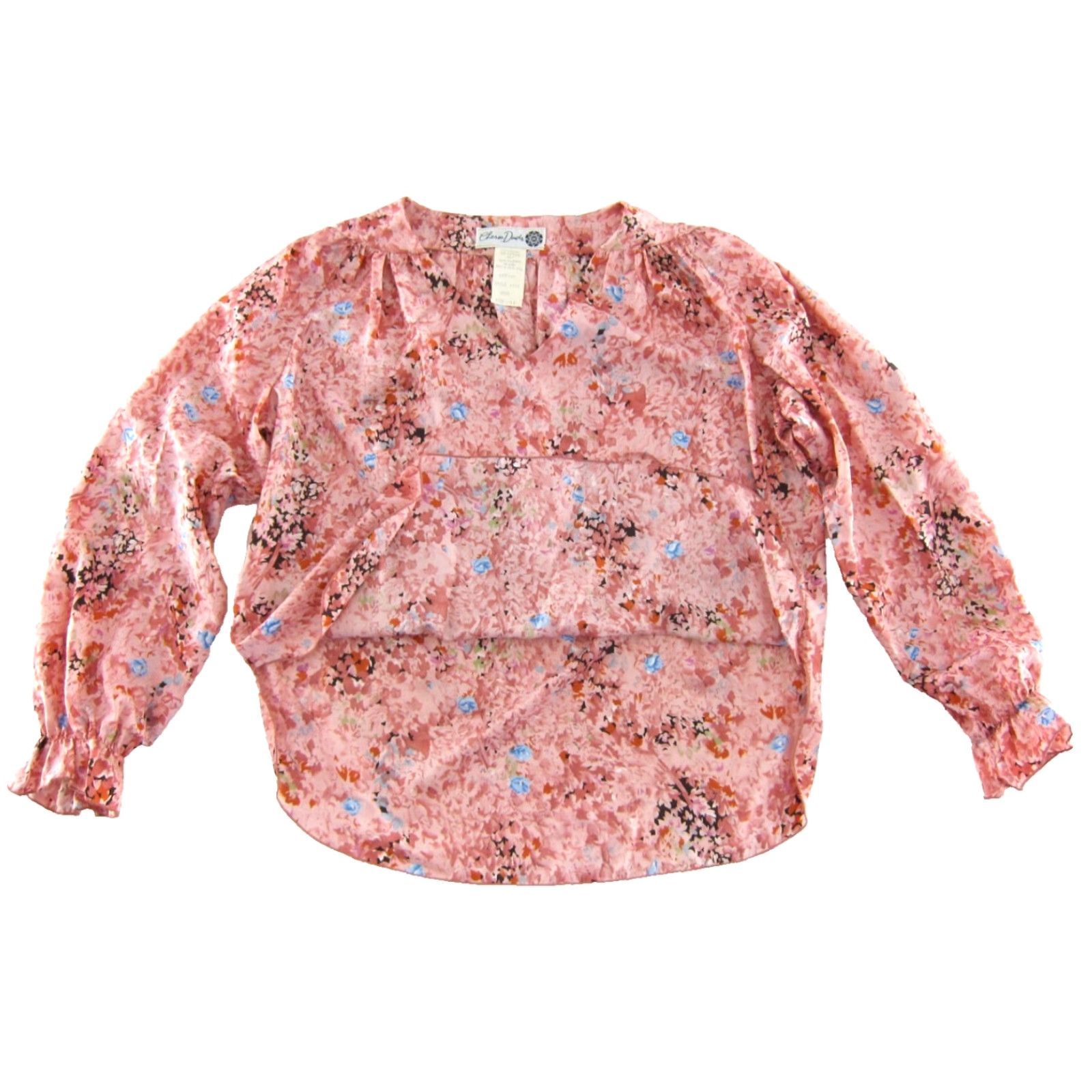 Vintage VINTAGE Chessa Davis Blouse Shirt Womens 14 Pink Floral V-Neck Long Sleeve Peasant 50" bust 100% polyester Size XL / US 12-14 / IT 48-50 - 6 Thumbnail