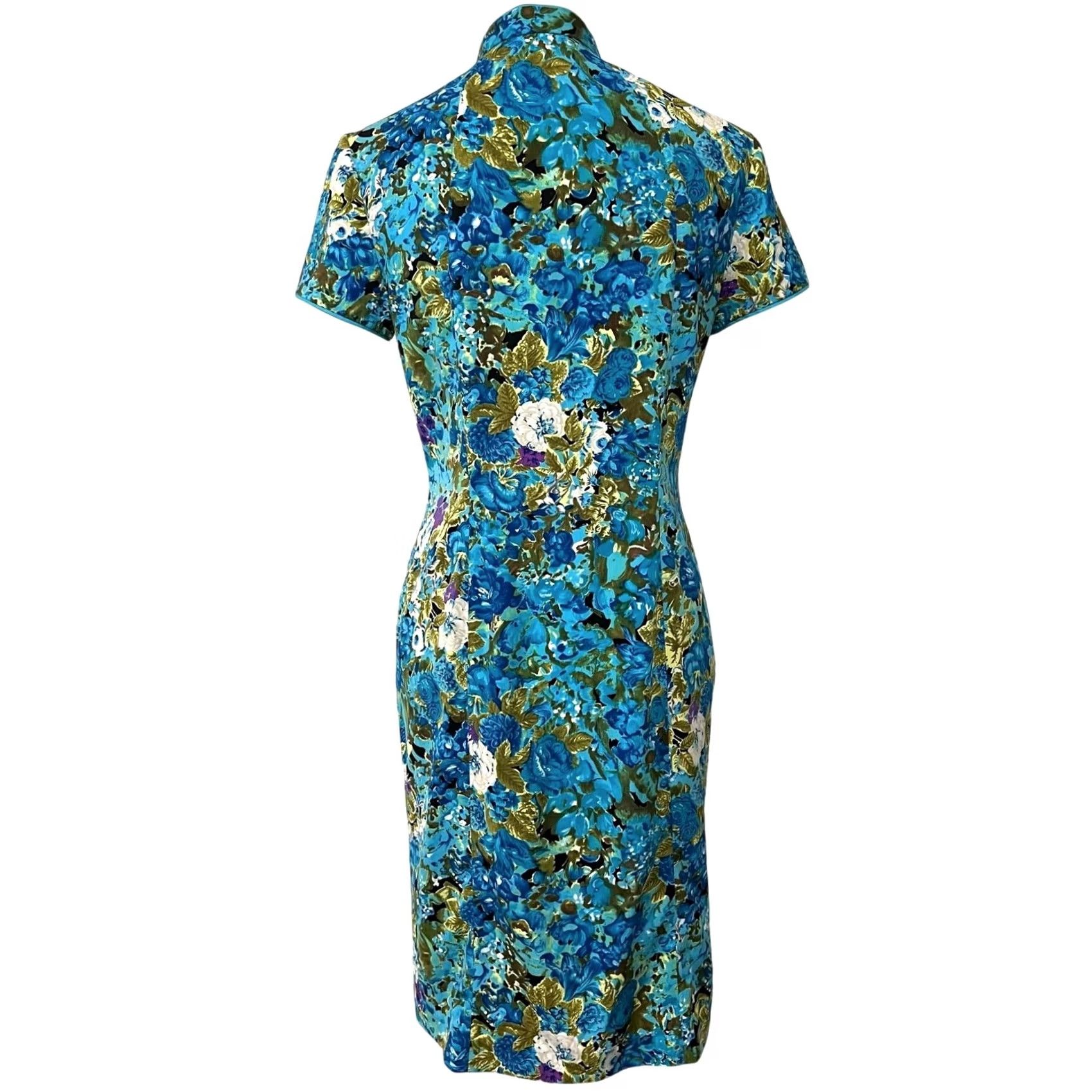 Vintage Jane Story Asian Women’s Dress Blue Floral Mandarin Collar 165/88A Sz L Size L / US 10 / IT 46 - 6 Thumbnail
