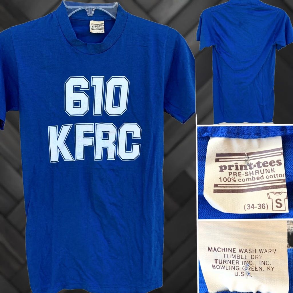 Vintage Vintage 610 KFRC T Shirt Print Tees 34-36 S Single Stitch 70s 80s Runs Small Blue 100% Cotton Unisex Graphic Tee shirt Mens Womens Boys Girls Shirt Size US S / EU 44-46 / 1 - 1 Thumbnail