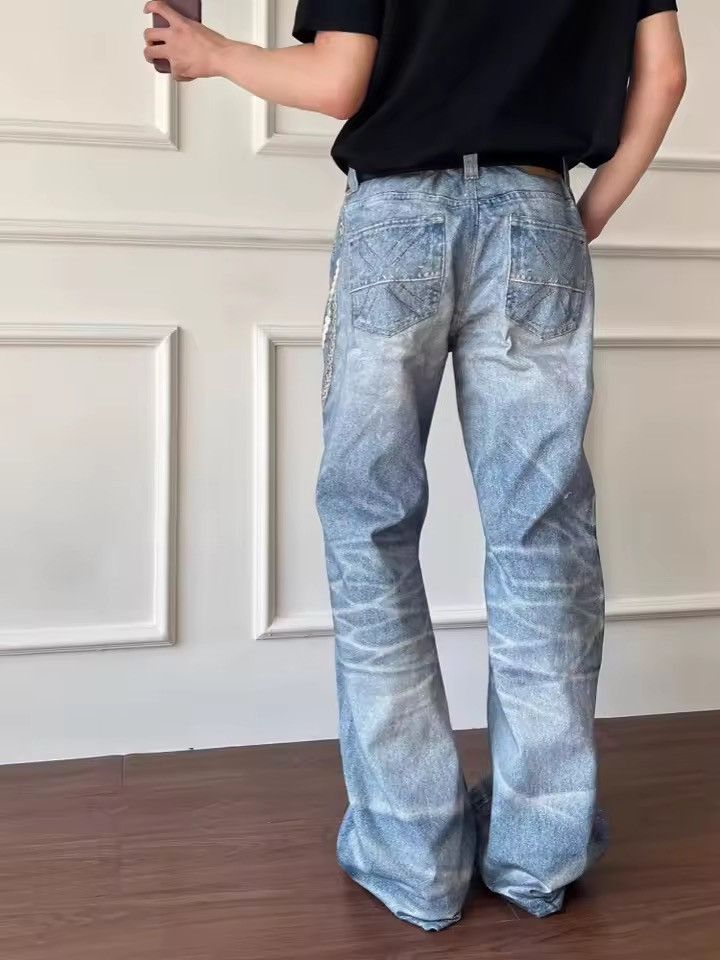 Jean Cyber Y2K Streetwear 3D Printed Washed Blue Size US 29 - 5 Thumbnail