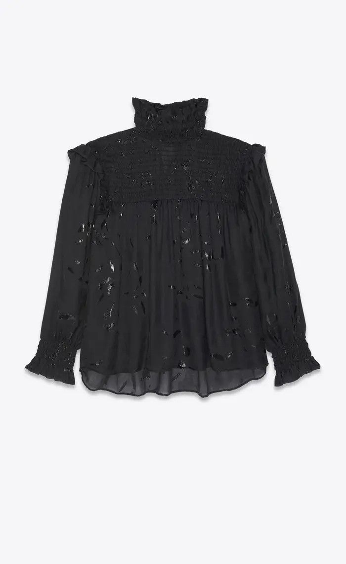 Saint Laurent Paris o1bcso1str0625 Smocked Blouse In Floral Shadow in Black Size US L / EU 52-54 / 3 - 2 Thumbnail
