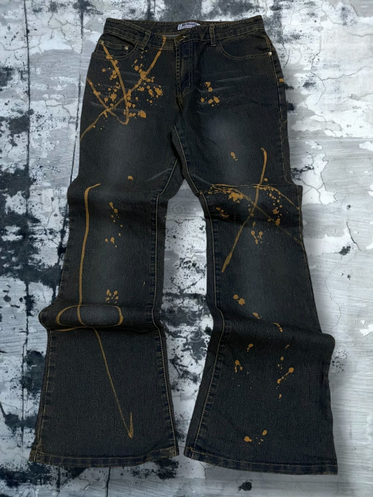 VTG Japan Designer Haphazard Flared Art Splash Bleach Denim