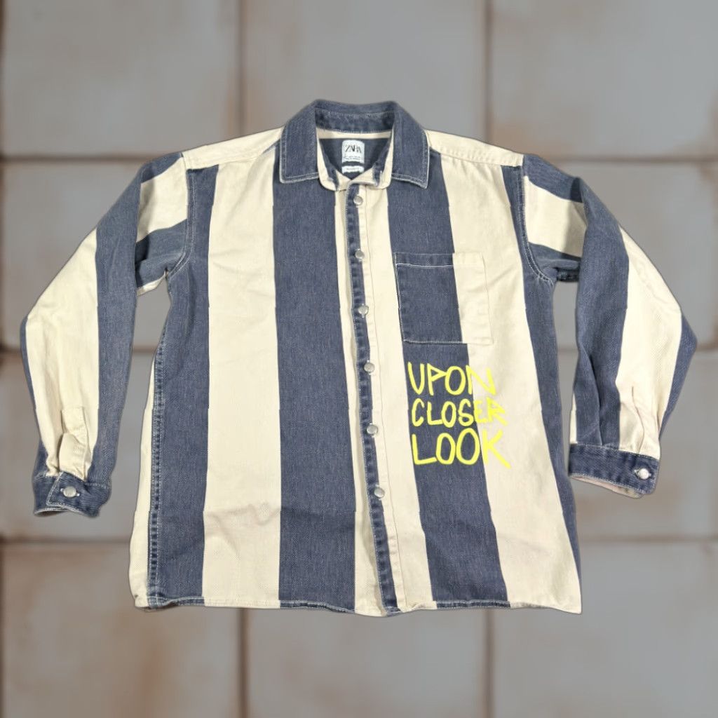 Zara VINTAGE Zara Shirt Adult SMALL Blue White Striped Denim Jean Graffiti Dance Days Away Size US S / EU 44-46 / 1 - 1 Thumbnail
