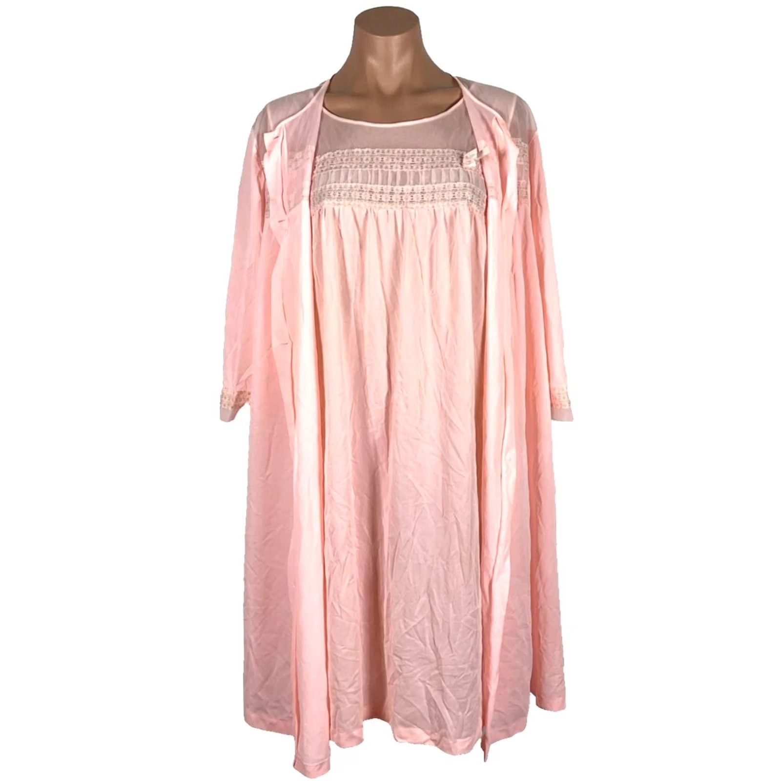 Vintage VINTAGE LORRAINE M Pink Vtg 70s ROBE NIGHTGOWN PEIGNOIR SET Embroidered Lace Size ONE SIZE - 2 Thumbnail