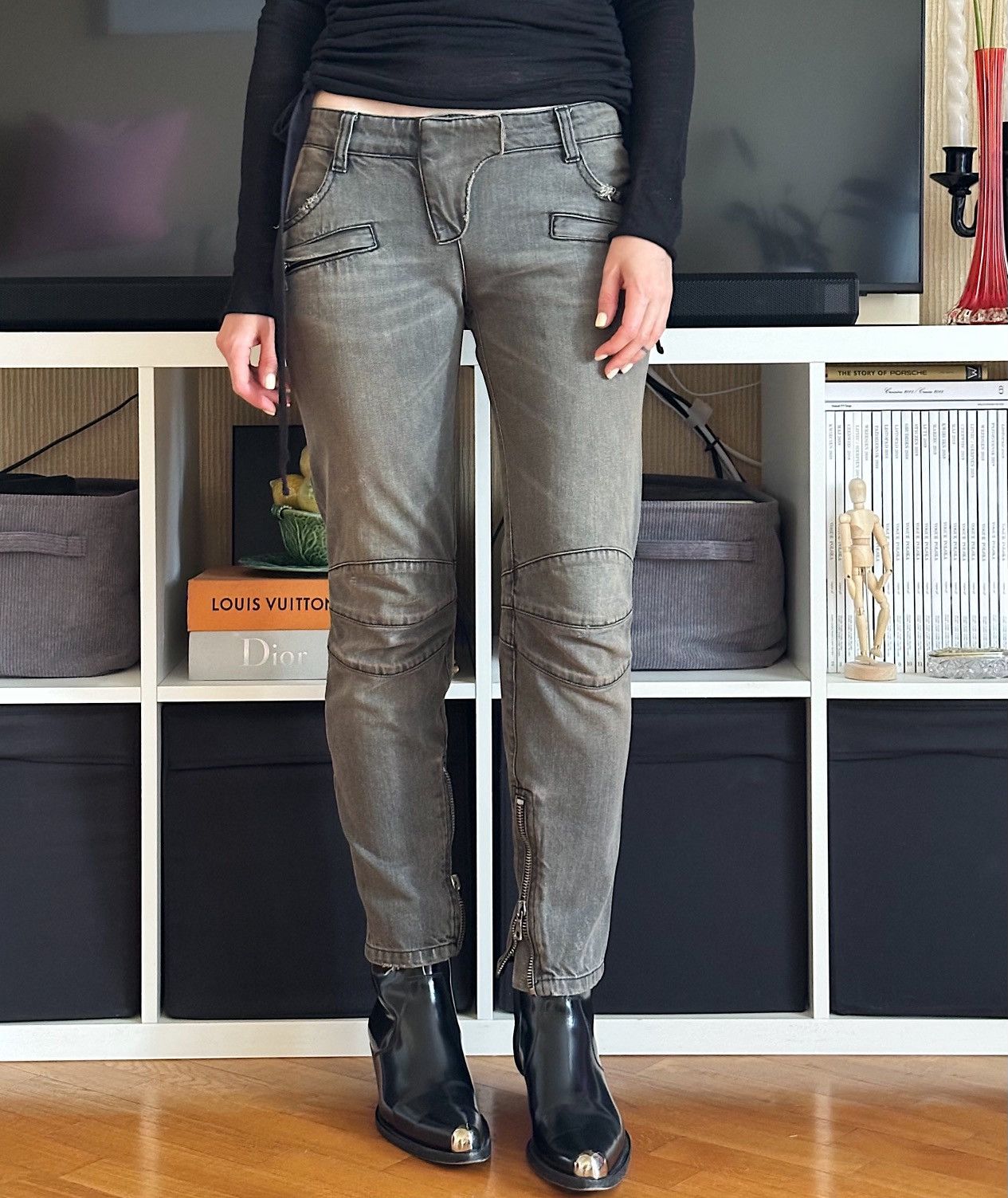 BALMAIN Decarnin SS 2010 Oil Stained Biker Denim Zip Jeans
