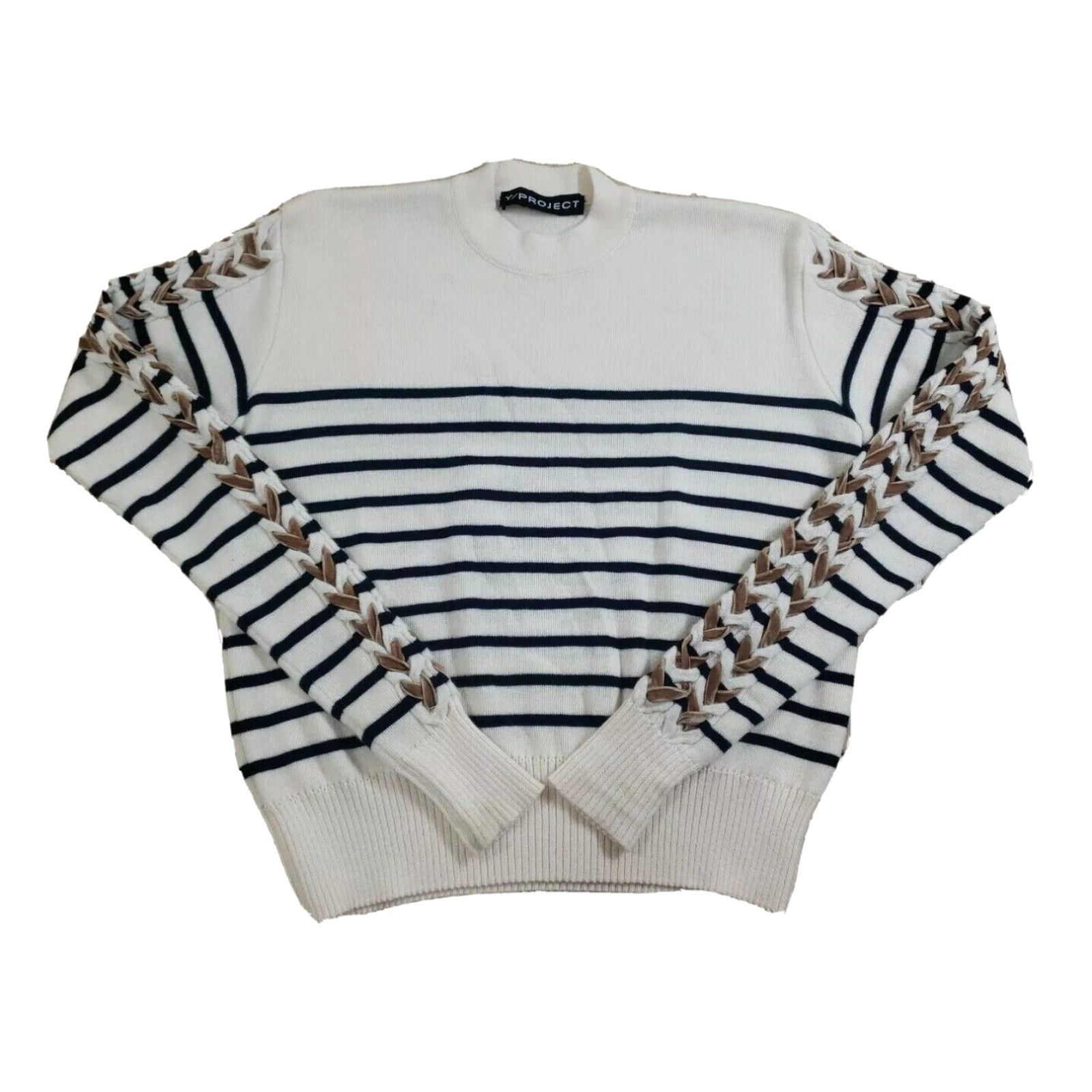 image of Yproject One Size 100% Merino Wool Laced Long Sleeve Striped Sweater Stains in White, Women's