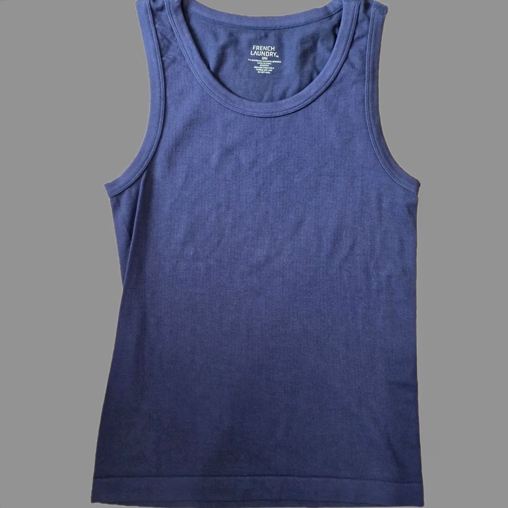 Vintage FRENCH LAUNDRY Tank Top Shirt Womens Small Blue Ribbed Scoop Neck Nylon Spandex Lightweight Knit Sleeveless Casual Travel Short Sleeve-less? Size S / US 4 / IT 40 - 1 Thumbnail