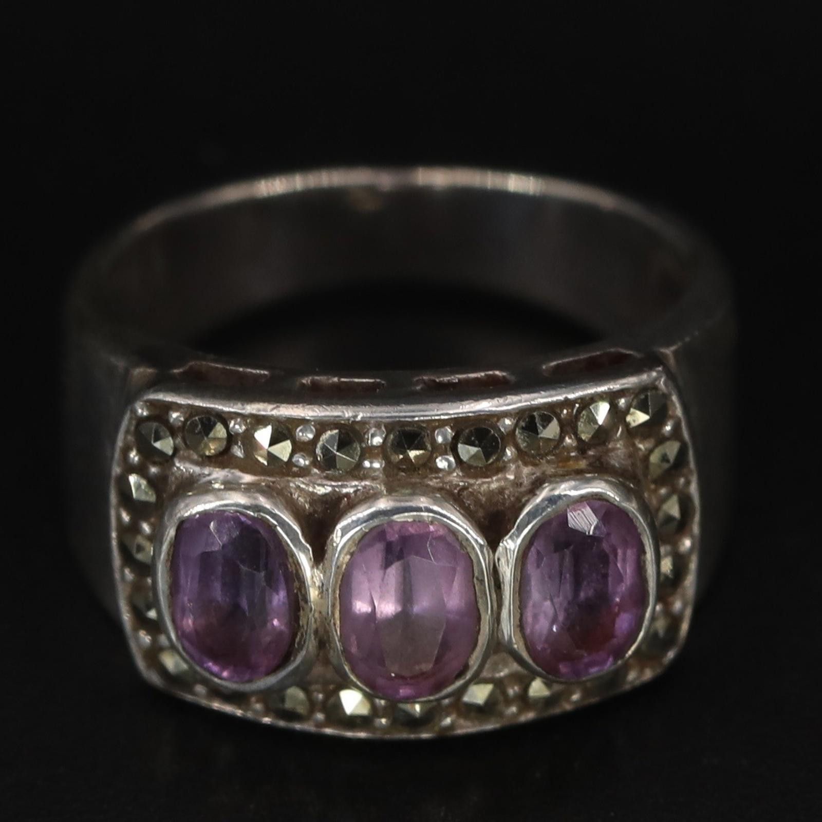 The Unbranded Brand Sterling Silver Art Deco Amethyst Marcasite Pave Ring Size 6 Size ONE SIZE - 2 Thumbnail