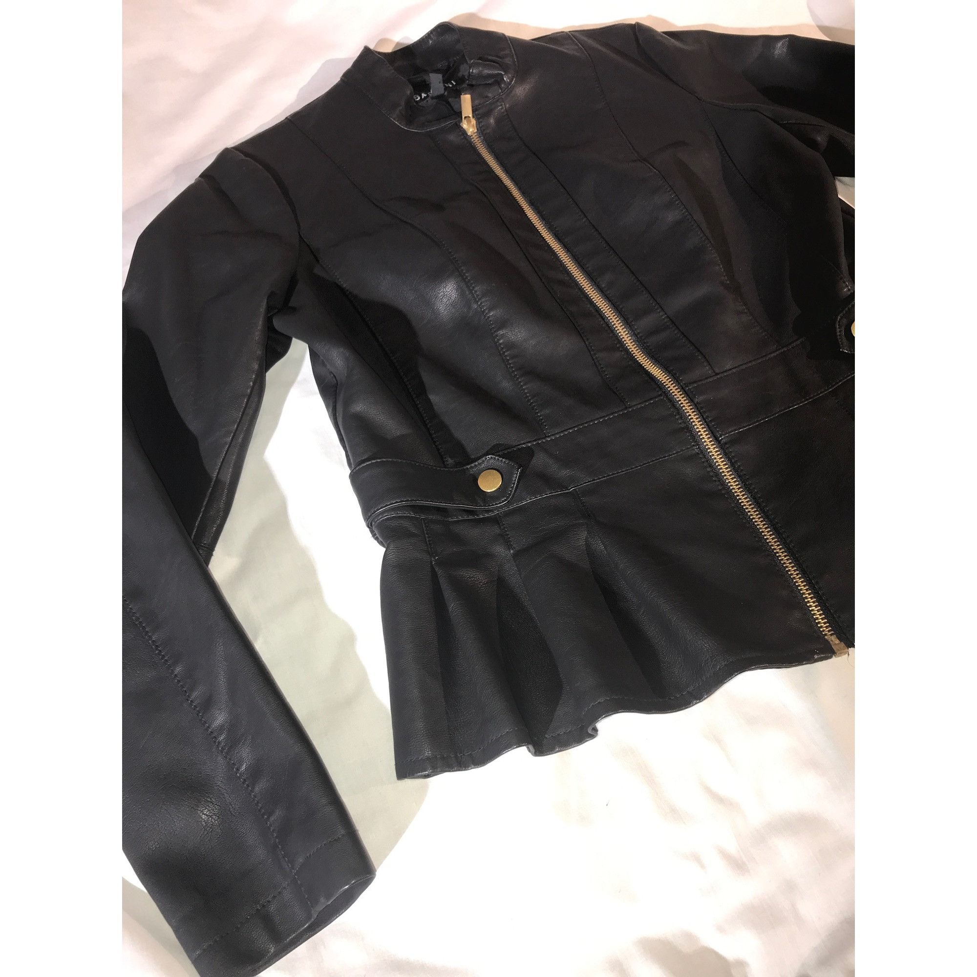 Vintage Baccini Womens Black Ruffled Zip Faux Leather Jacket Size M / US 6-8 / IT 42-44 - 3 Thumbnail