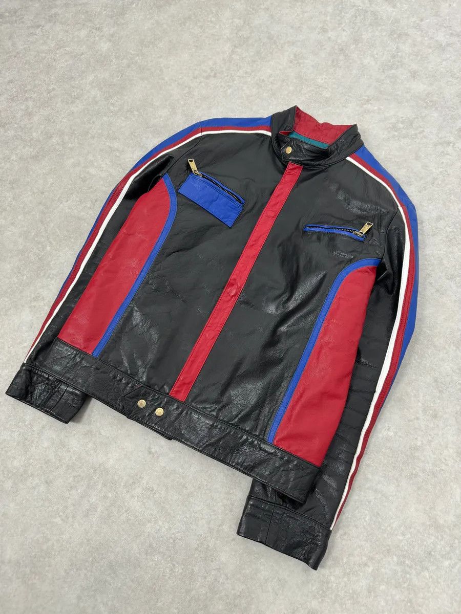2000s Dolce & Gabbana Blue & Black Racing Biker Leather Jacket