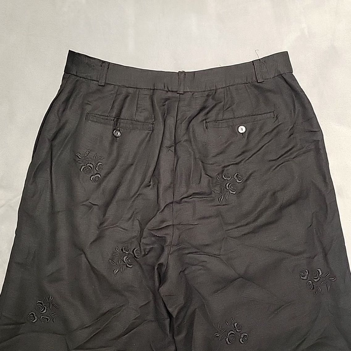 Vintage Jillian Jones Pants Womens 12 Black Embroidered Floral Linen Rayon Wide-Leg Pants Size 34" / US 12 / IT 48 - 6 Thumbnail