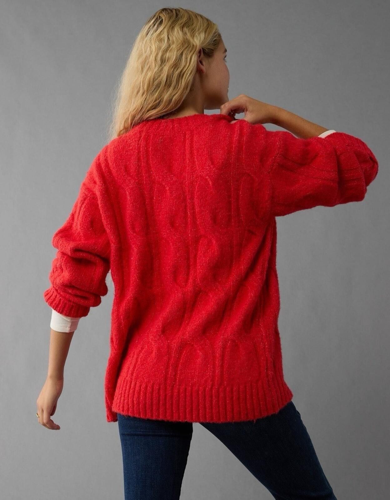 American Eagle Outfitters American Eagle Whoa So Soft Cable Knit Sweater Red Crewneck Size L / US 10 / IT 46 - 2 Thumbnail