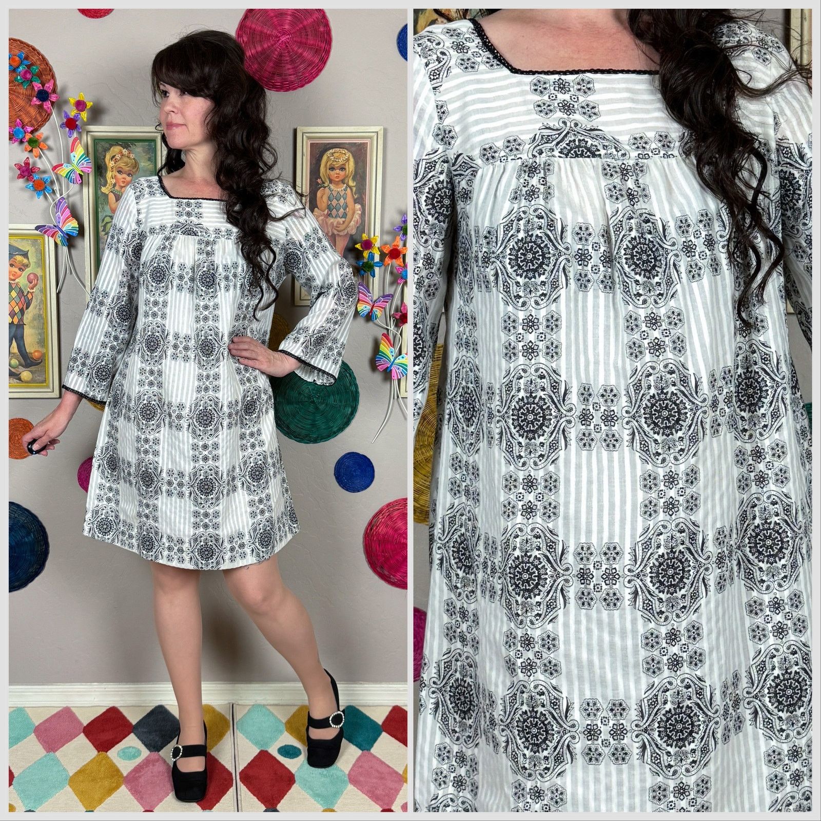 Vintage 1970s White and Black Gauzy A-Line Maternity Minidress Size S / US 4 / IT 40 - 1 Thumbnail