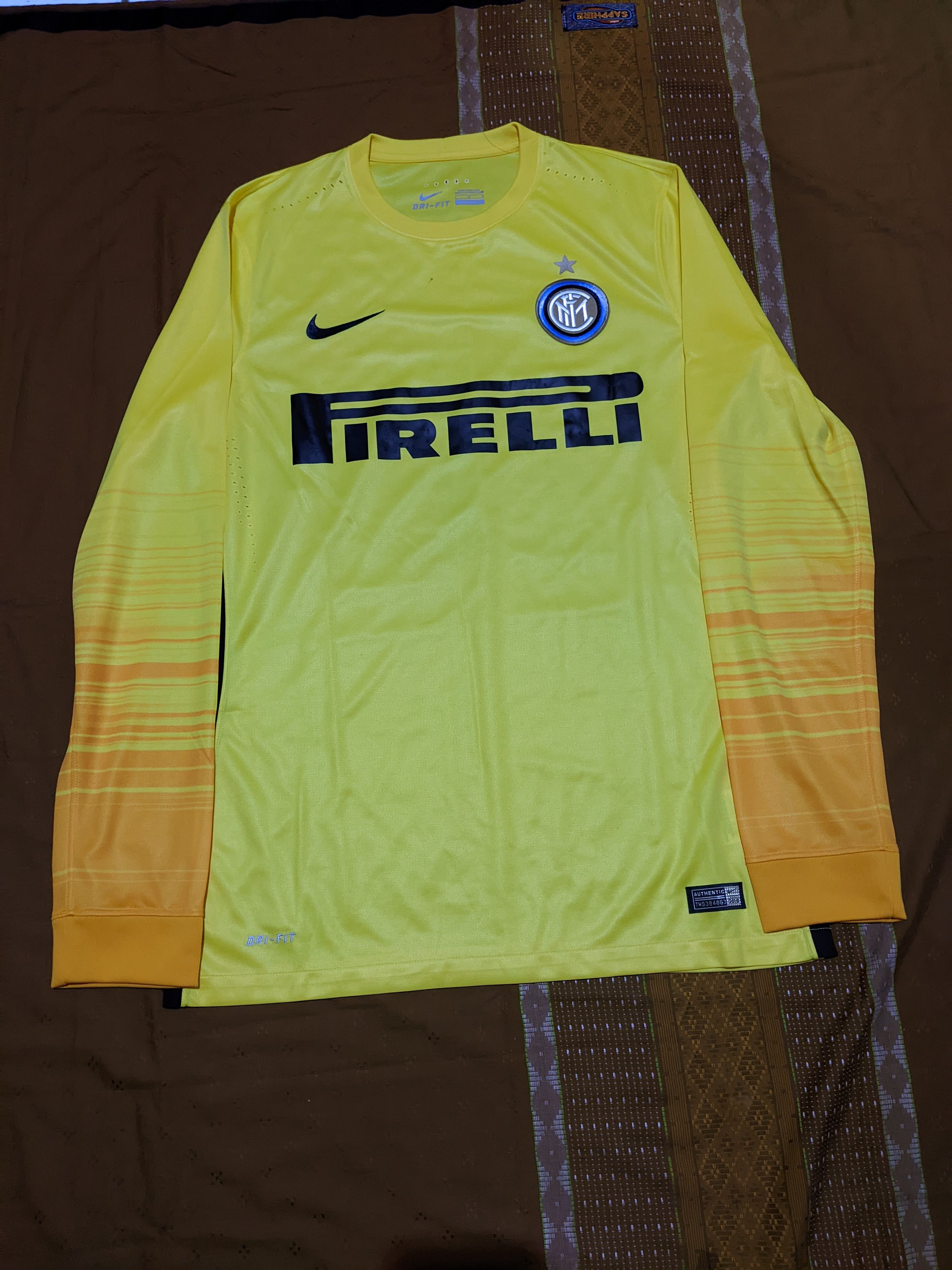 image of Soccer Jersey x Vintage Inter Milan 2015 Player Issue Keeper Jersey Football Shirt in Yellow (Size 