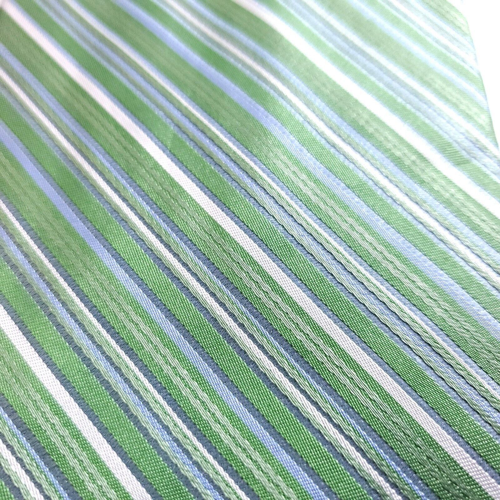 Designer City Of London Green Blue Striped Woven Wide Silk Tie Size ONE SIZE - 2 Thumbnail