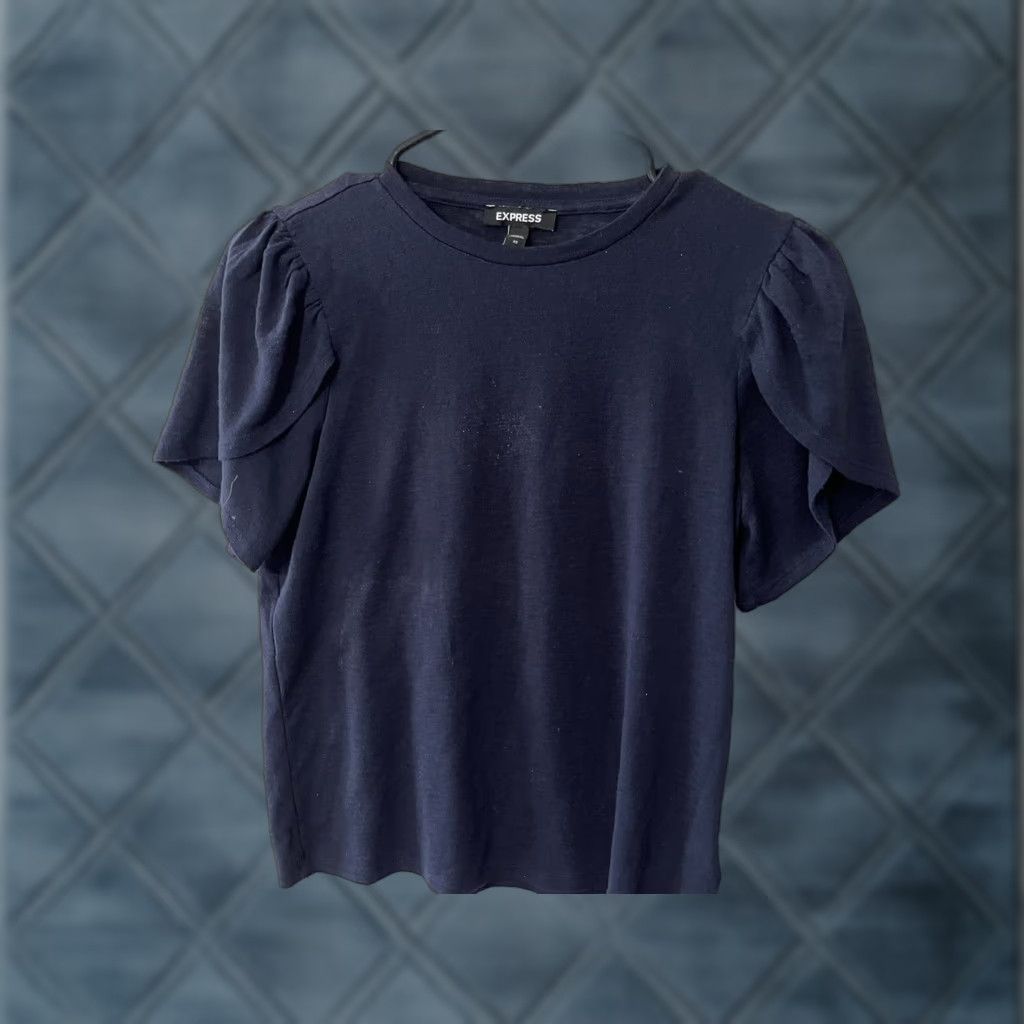 Express Express Top Women XS Navy Blue Short Puff Crew Neck Tee Ruffled Blouse Size XS / US 0-2 / IT 36-38 - 1 Thumbnail