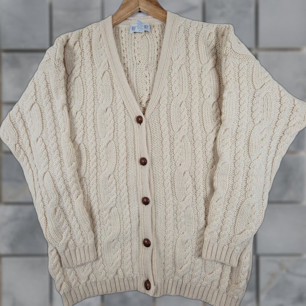 Lands' End VINTAGE Lands' End Fisherman Cardigan Sweater Womens S 100% Wool Ivory Thick Wool Chunky-Knit Winter Leather Buttons Boys??? Size S / US 4 / IT 40 - 1 Thumbnail
