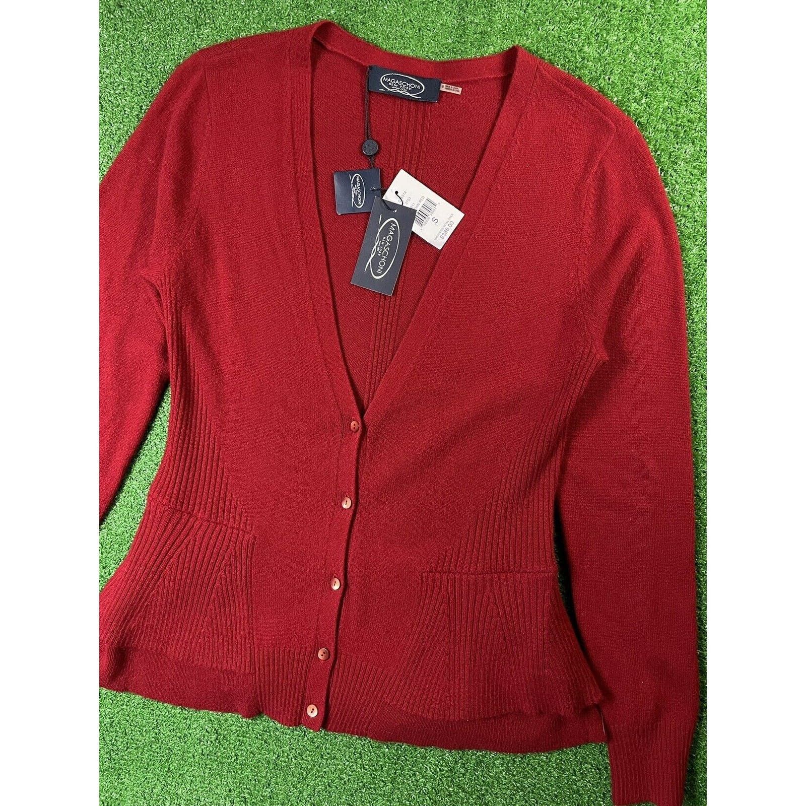 image of NWT Magaschoni Two Ply Cashmere Xs Red Cardigan Sweater $388, Women's